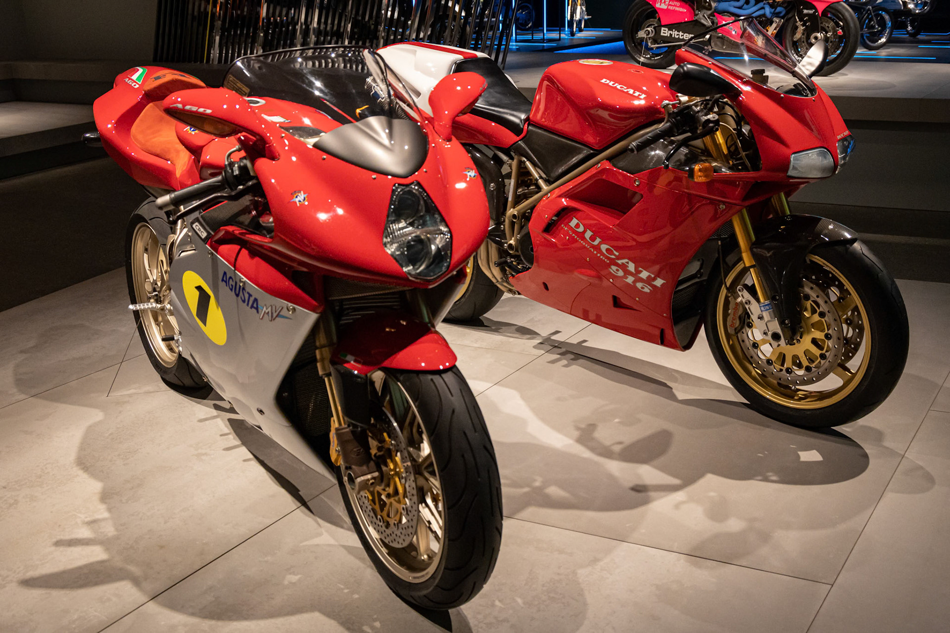 2005 MV Agusta F4 Ago and 1996 Ducati 916 SP in the Exhibition The MotorCycle at GOMA in Brisbane, Australia