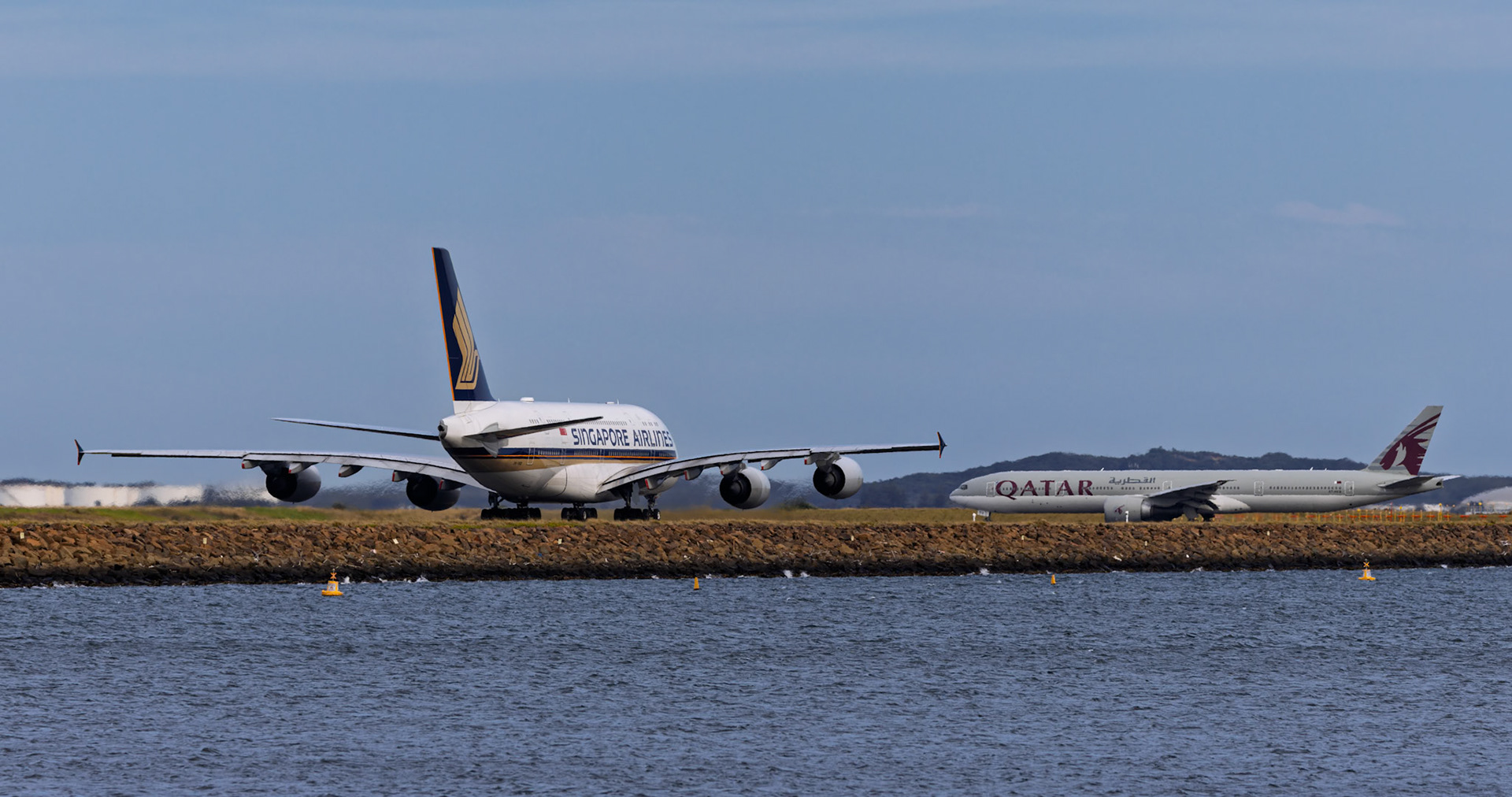 Singapore Airlines Airbus A380-841 [9V-SKQ] Departing to Singapore from The Beach, Sydney Airport, Australia