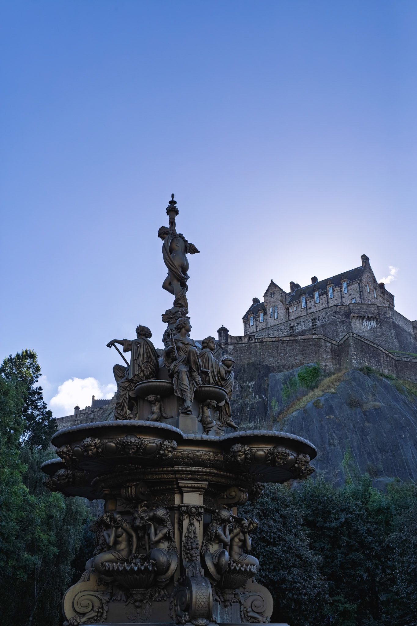 Looking up at Edinburgh Castle from the Ross Fountain in Edinburgh, Scotland