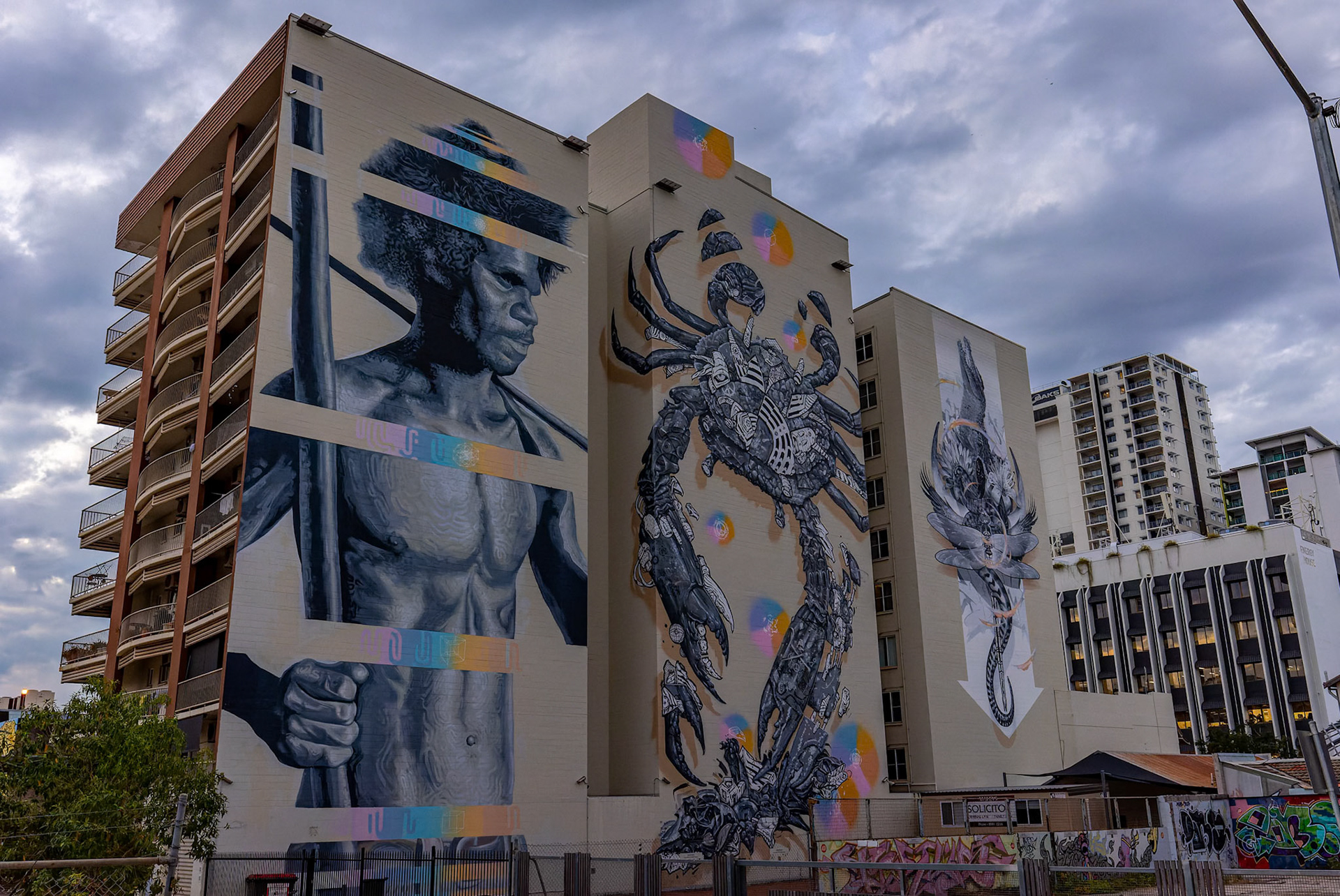 Montage of first nation street Artwork by CTO, on Austin Lane in Darwin, Australia