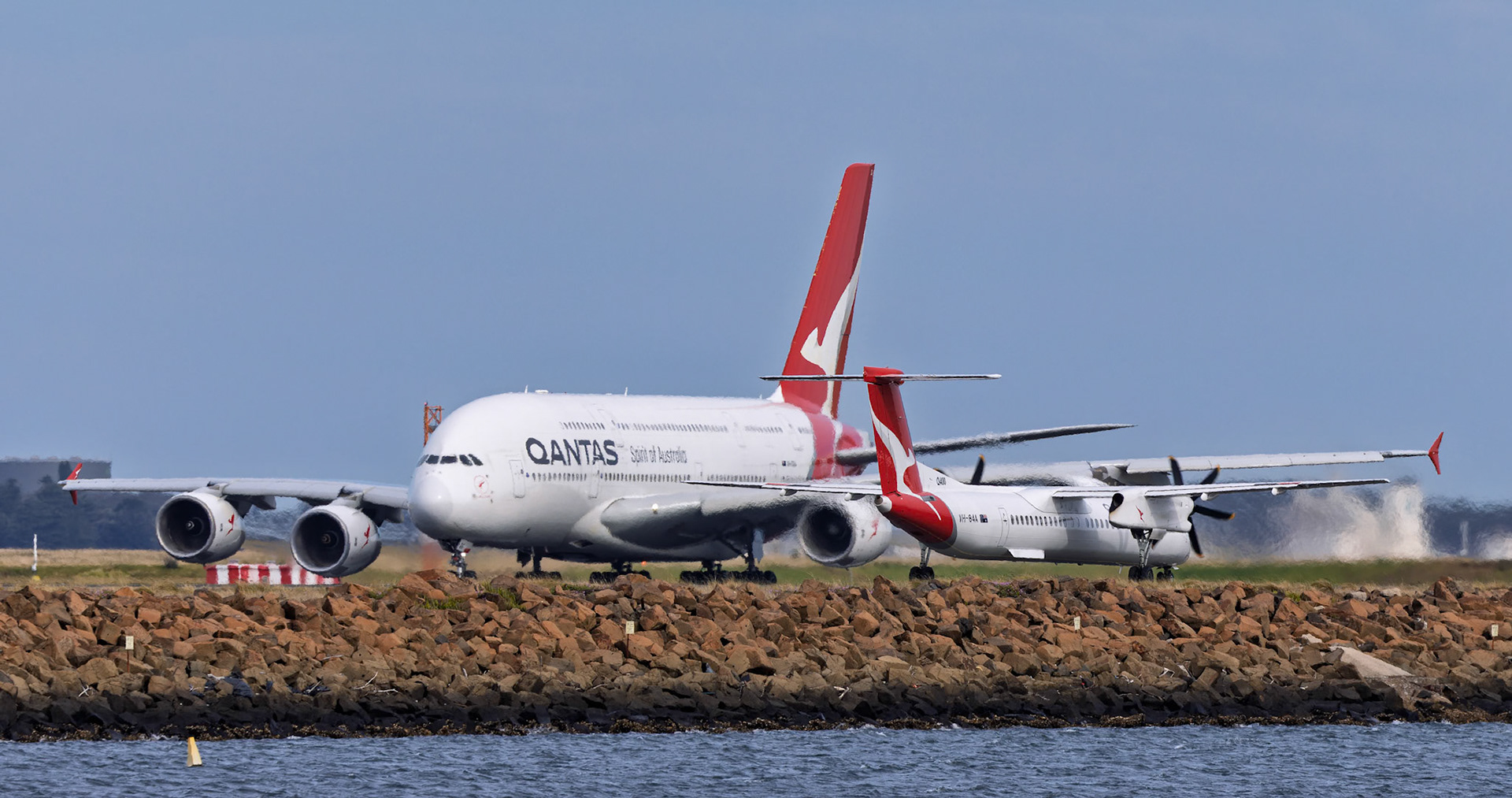 Qantas Airbus A380-842 [VH-OQG] Departing to Singapore from The Beach, Sydney Airport, Australia