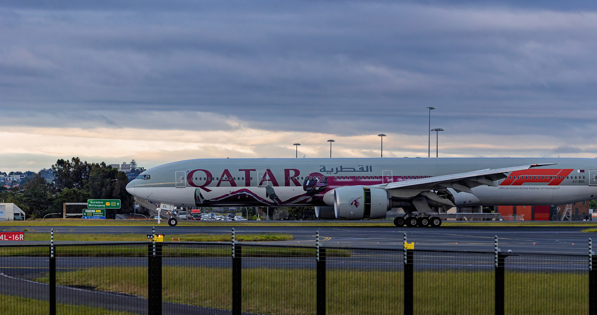 Qatar Airways Boeing 777-3DZ(ER) (Formula 1 - Global Partner Livery) [A7-BEL] Arriving from Doha from the Sheps Mound, Sydney Airport, Australia
