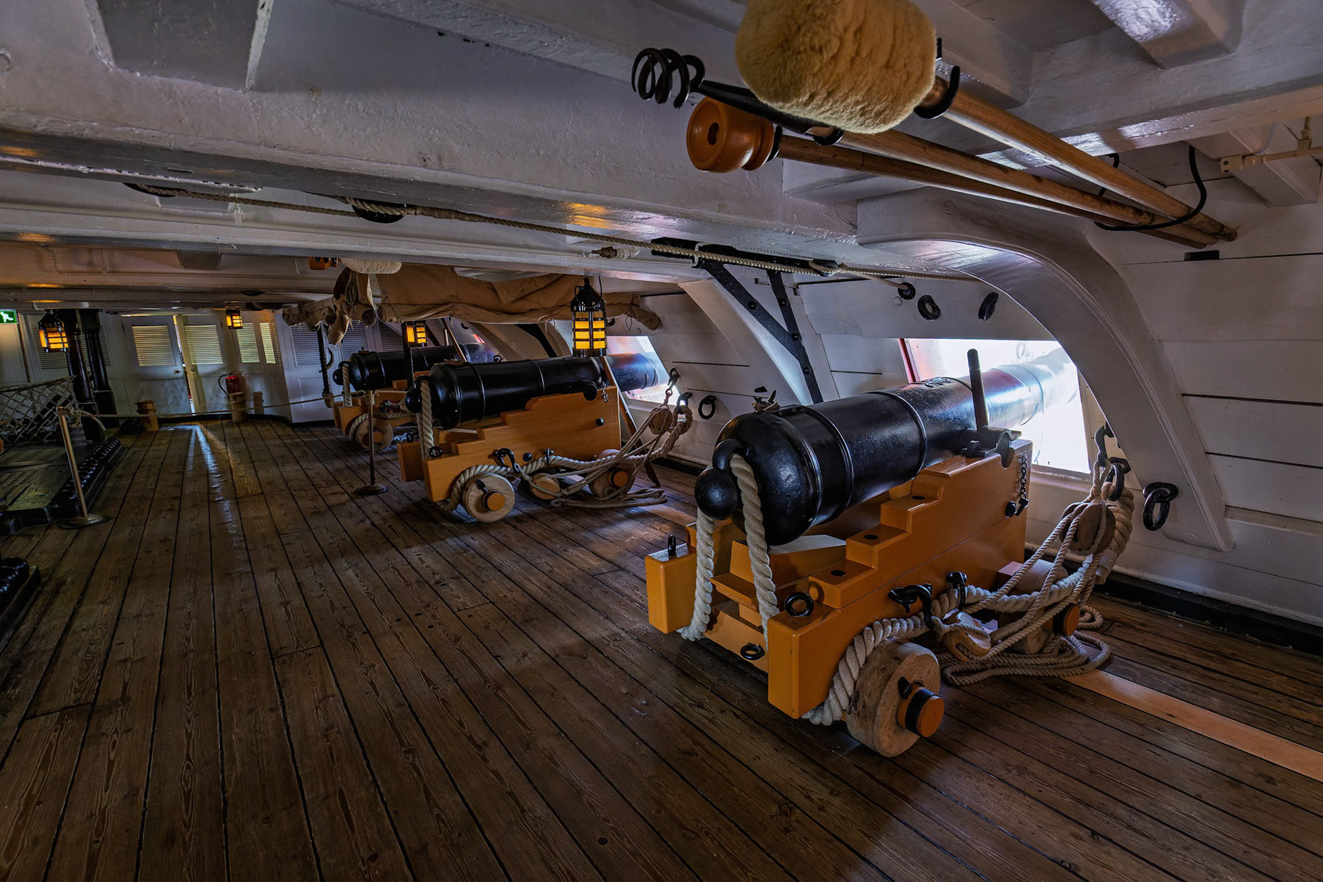 Canons onboard the HMS Victory at Portsmouth Historic Dockyard in Portsmouth, England
