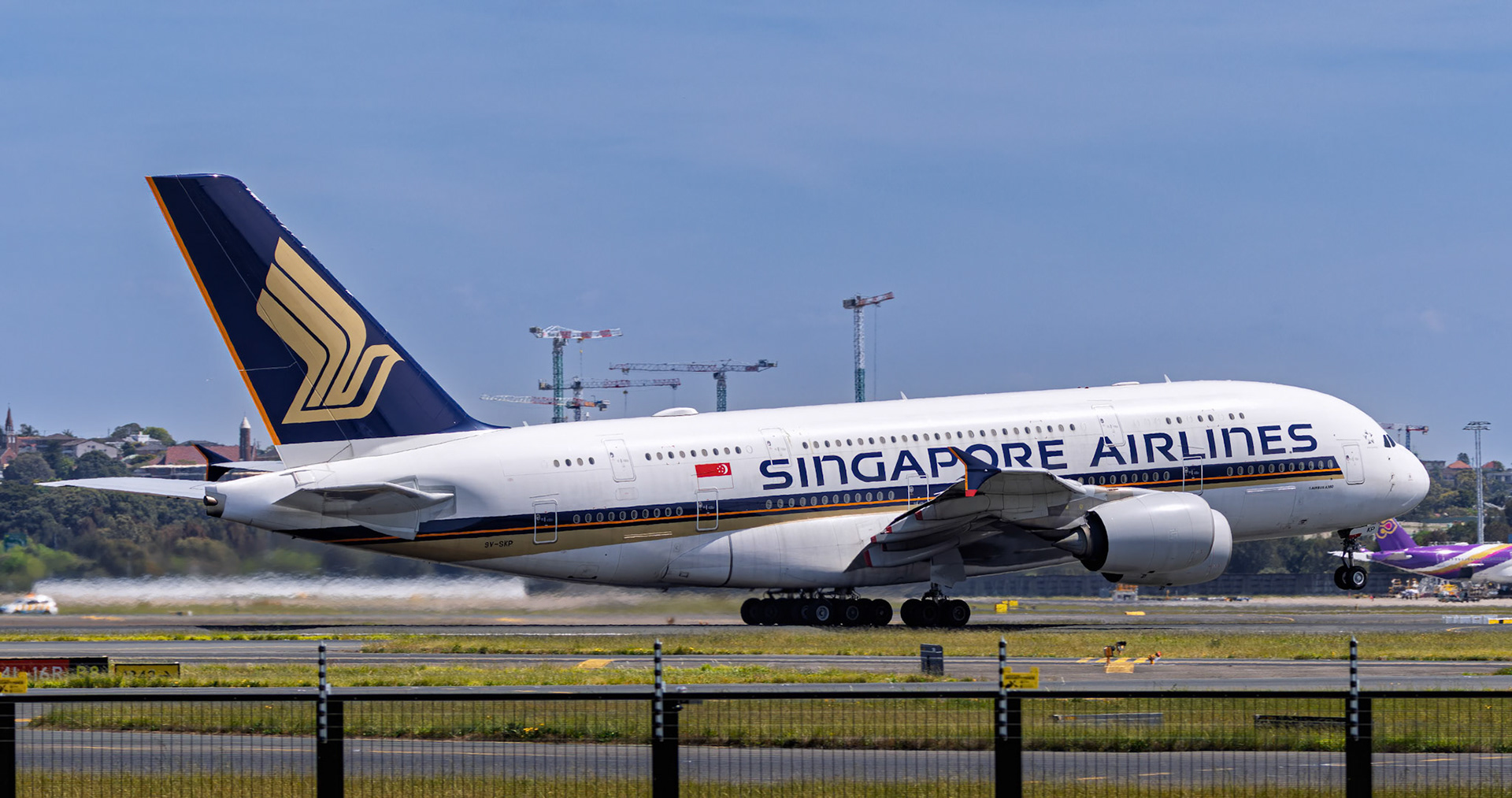 Singapore Airlines Airbus A380-841 [9V-SKP] Departing to Singapore from the Sheps Mound, Sydney Airport, Australia