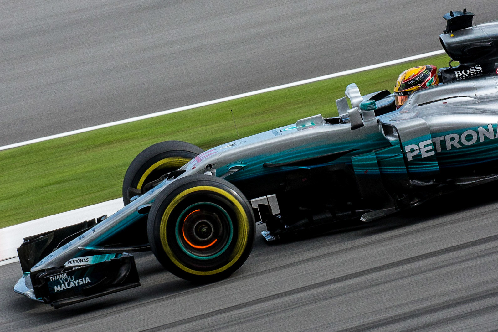 Mercedes driver Lewis Hamilton of England on track at Sepang at the 2017 Formula 1 Malaysian Grand Prix-----------------------Photographer: George Darwent (GDPhotos.com.au)Location: Sepang Circuit, MalaysiaDate: 30/09/2017Camera: Canon EOS 5D Mark IIILens: Canon EF100-400mm f/4.5-5.6L IS II USM at 241mmShutter: 1/200 at f22 - ISO 2000