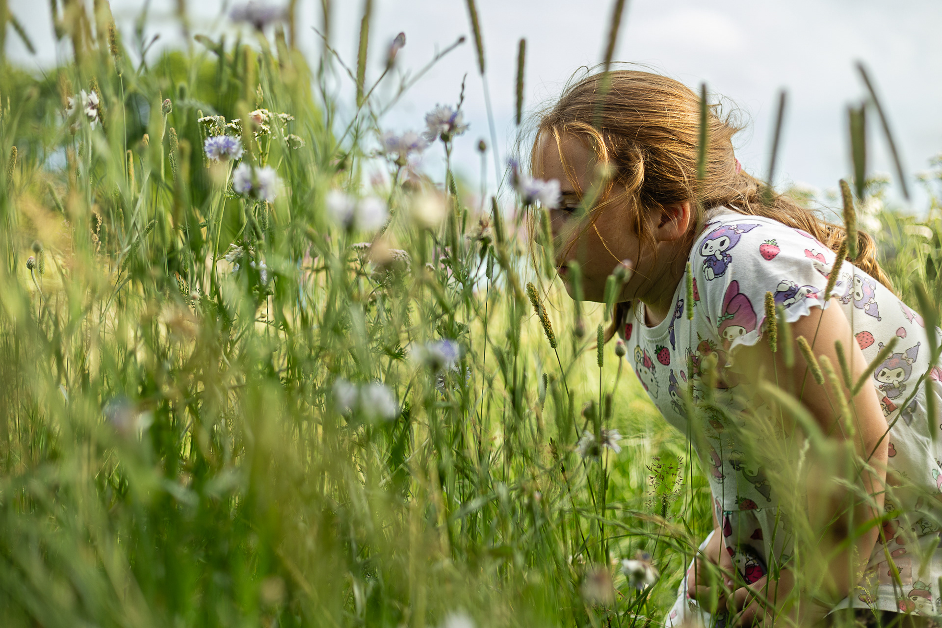 Leanne Edge - Wildflower Meadow. A candid documentary portrait from Project Seven, showing a child immersed in a South Wales meadow. This sensory study explores the residual trace of memory, nature, and childhood curiosity through a shallow depth of field and unposed storytelling.