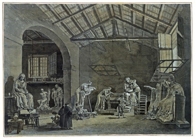 Francesco Chiarottini, Lo studio del Canova, 1786, disegno a penna, acquarellato grigio e seppia, lumeggiato a biacca, Musei Civici, Udine
