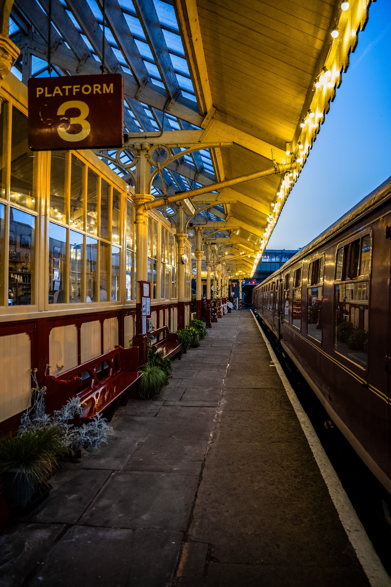 Sunset on platform 3 of the historic Bury England train station