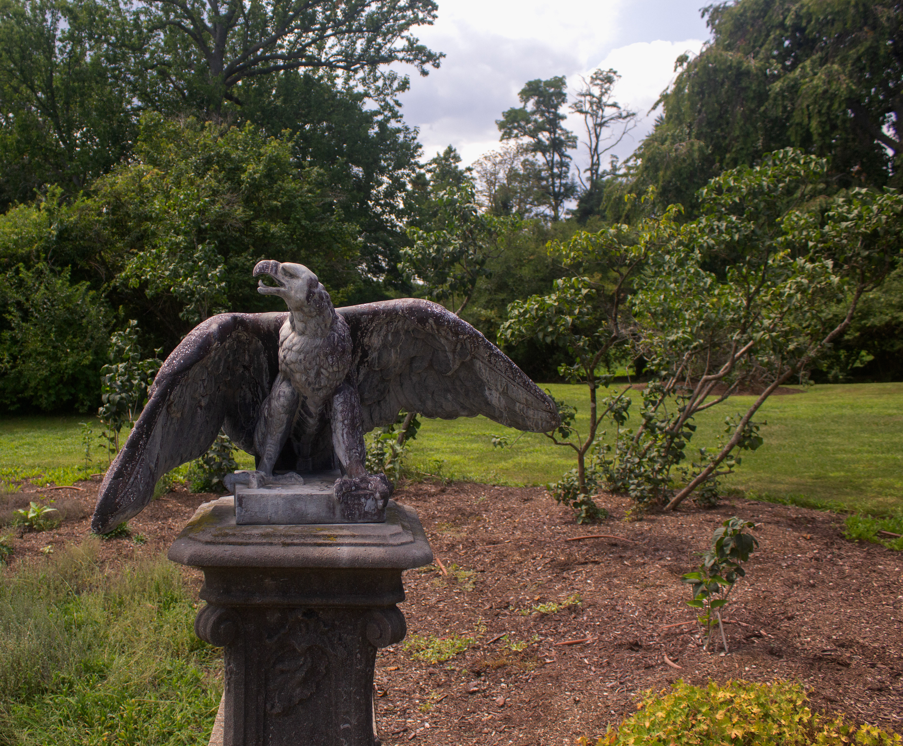 One of the eagle statue resides in front of the front enterance of the Walled Garden. Old Westbury, NY.