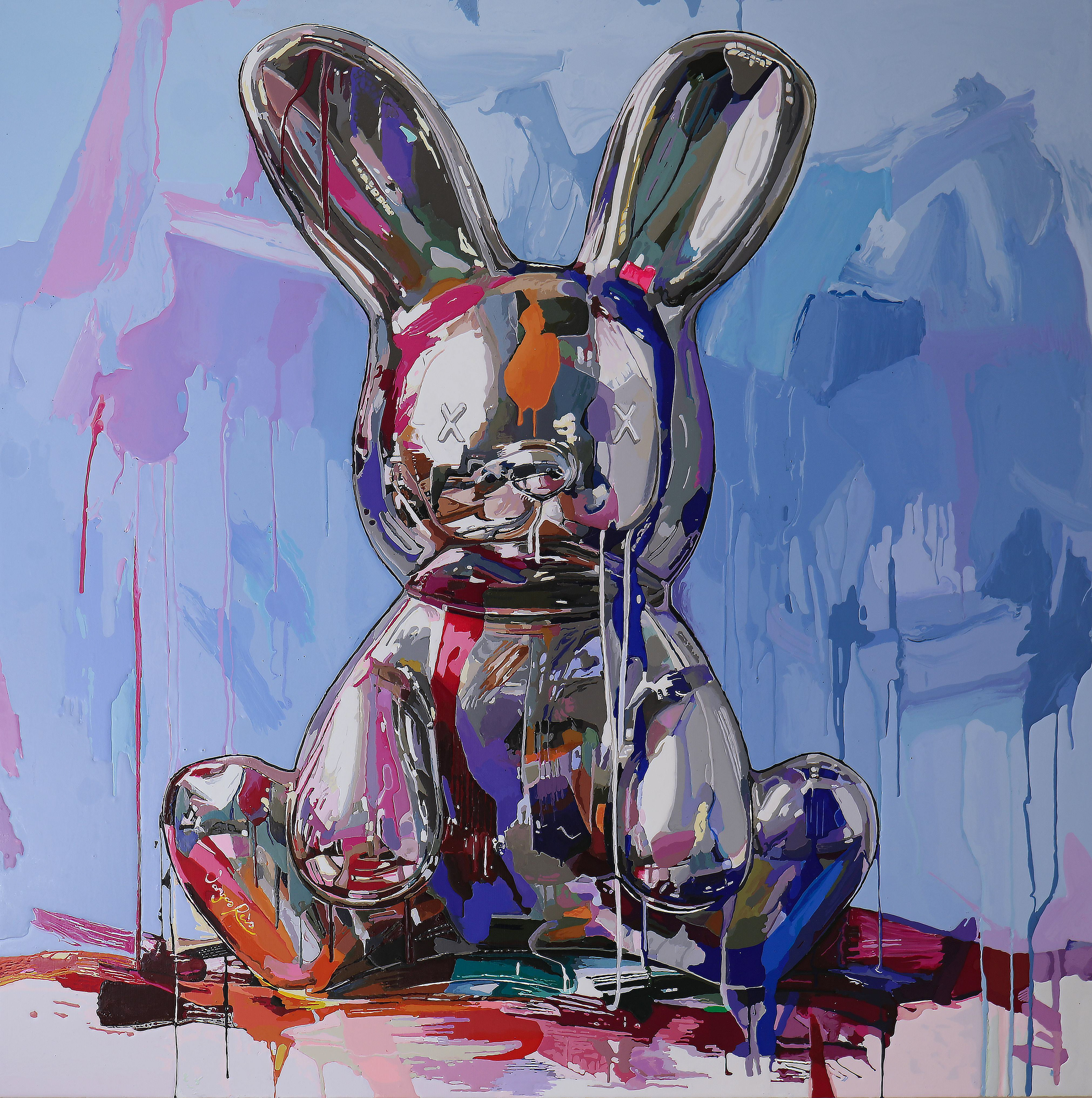 This is a painting of a chrome bunny. by artist Carolina Vargas Reis