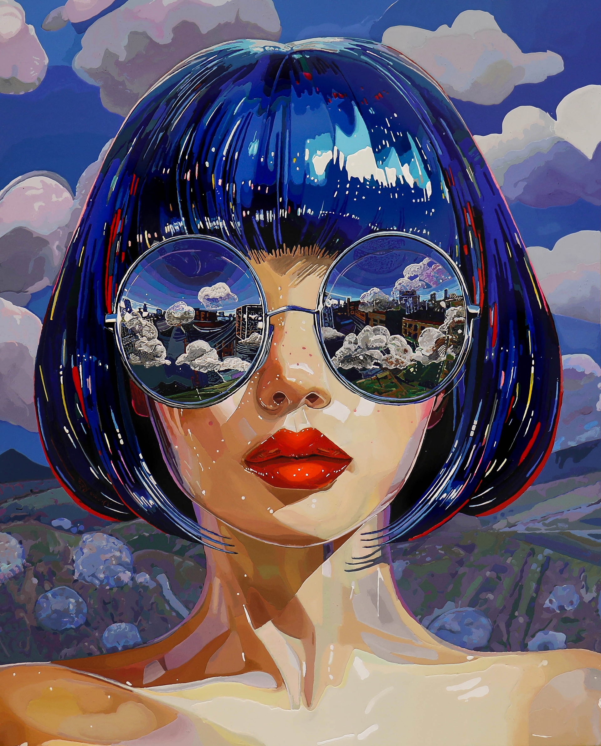 This is a painting of a woman with blue hair. by artist Carolina Vargas Reis