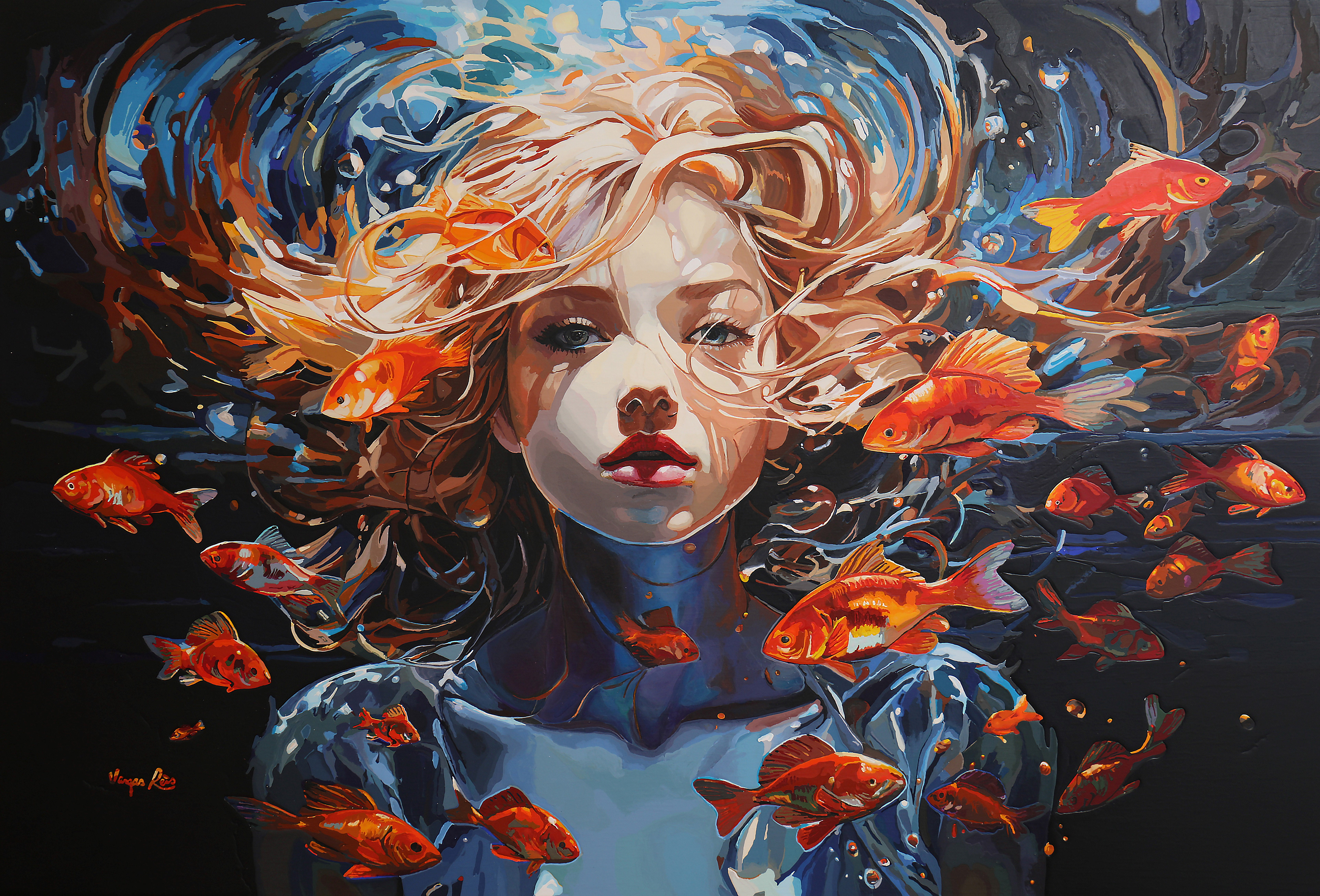 This is a painting of a woman underwater. by artist Carolina Vargas Reis