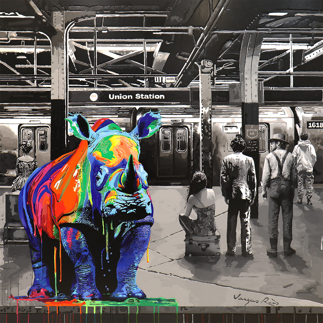 This is a painting of a Rinho in subway. by artist Carolina Vargas Reis