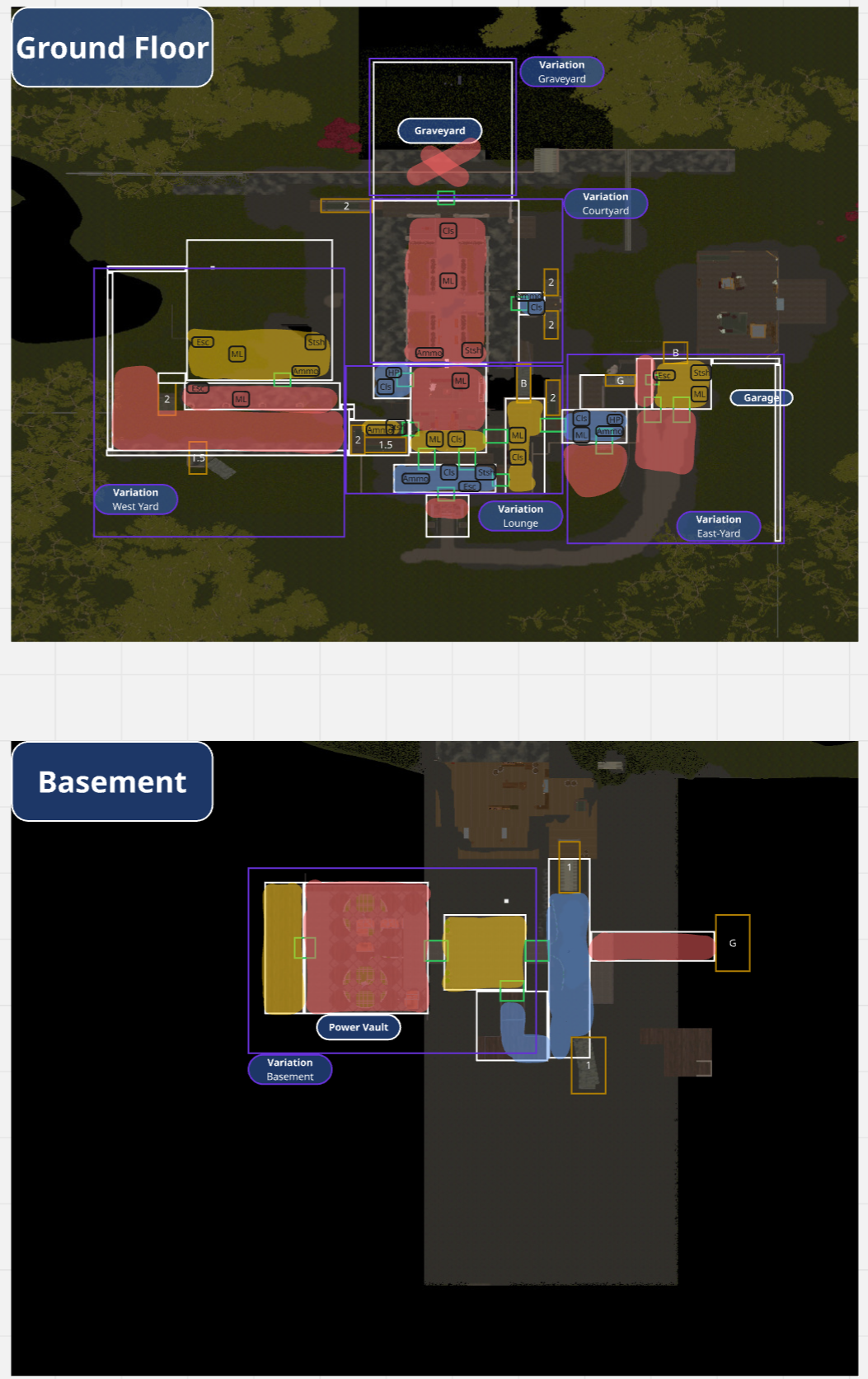 Variance-defining zones for hot, medium,and cold content pockets, for the Elway Manor map.