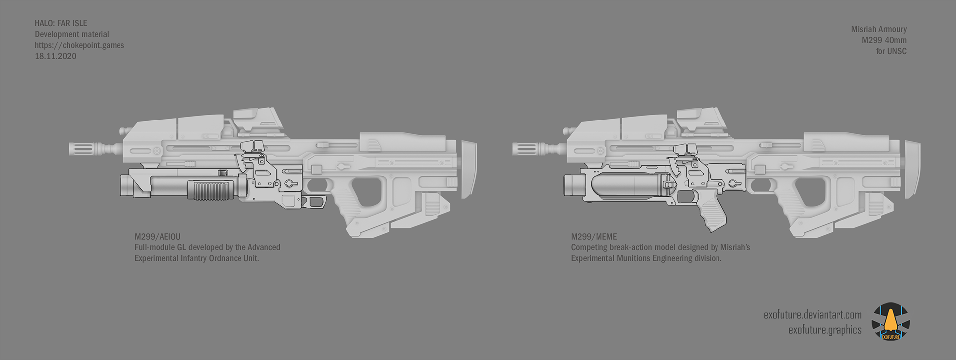 Underbarrel grenade launcher options for the MA37. MA37 model by Shadow, a Far Isle artist.