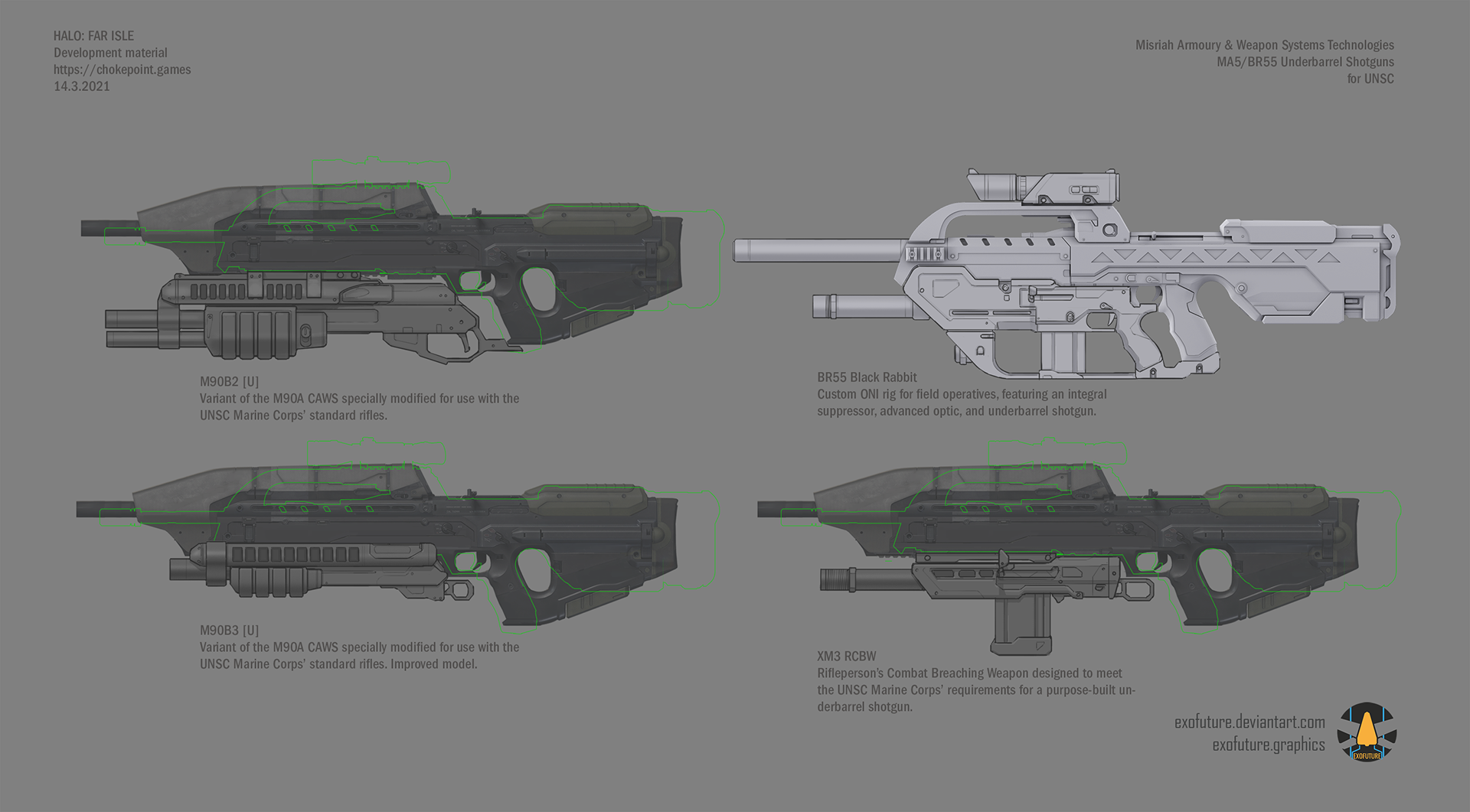 Designs for underbarrel shotguns for the BR55 and MA5 rifles. (BR55 model by Jared Harris)