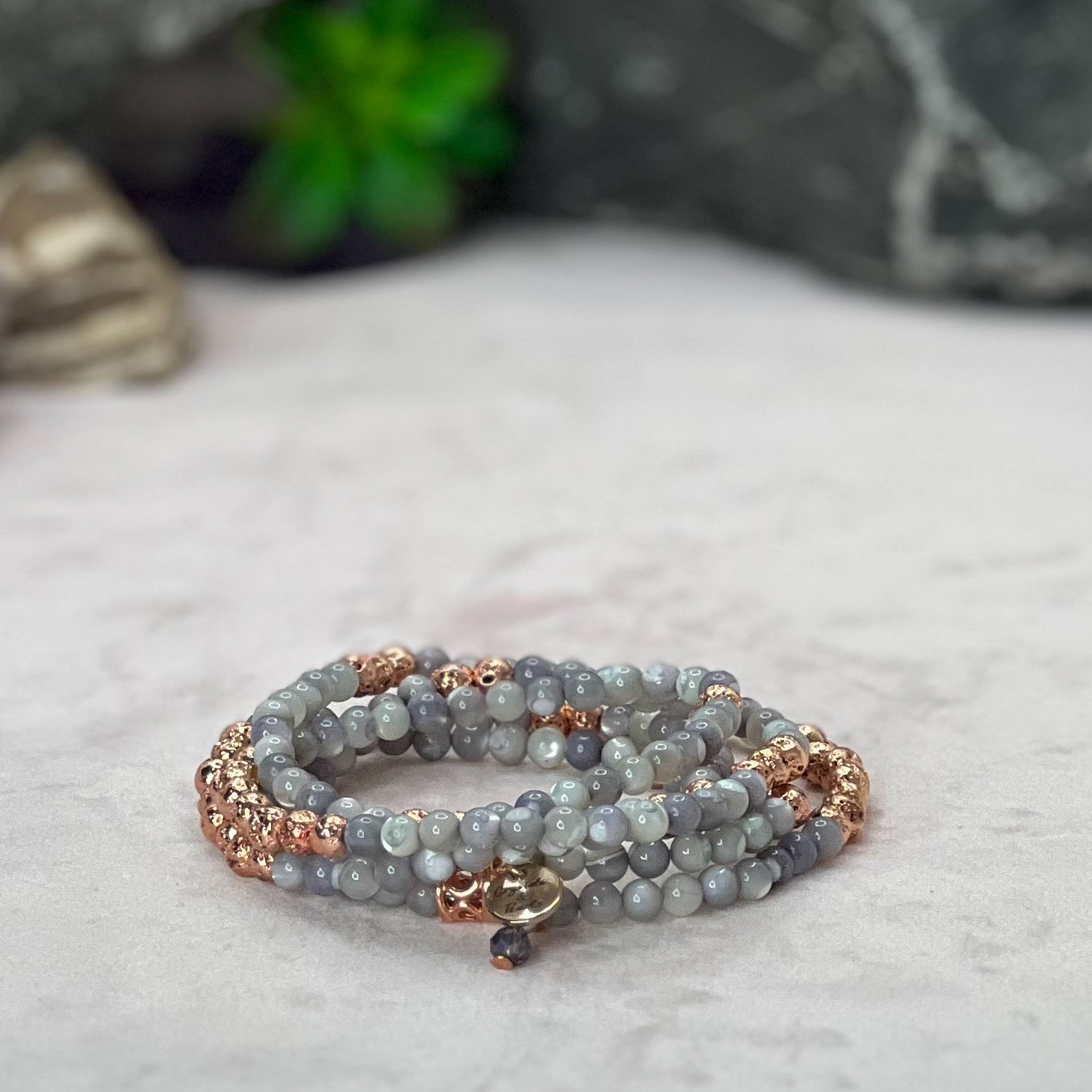 Grey Mother of Pearl, Rose Gold Plated Lava Rock