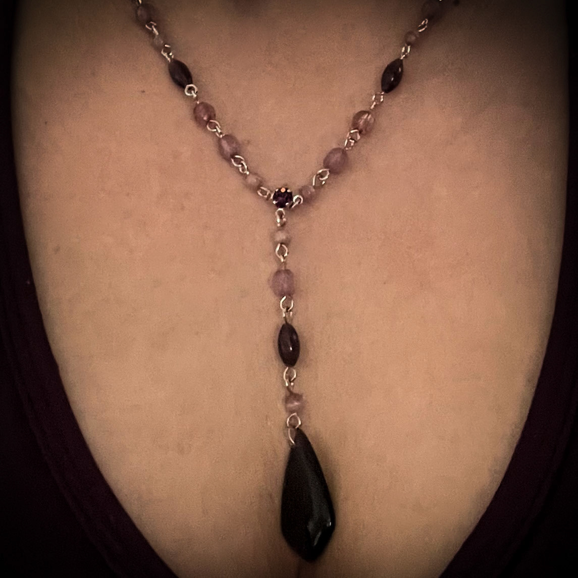 Multi-shade amethyst and silver chain link necklace with lobster clasp