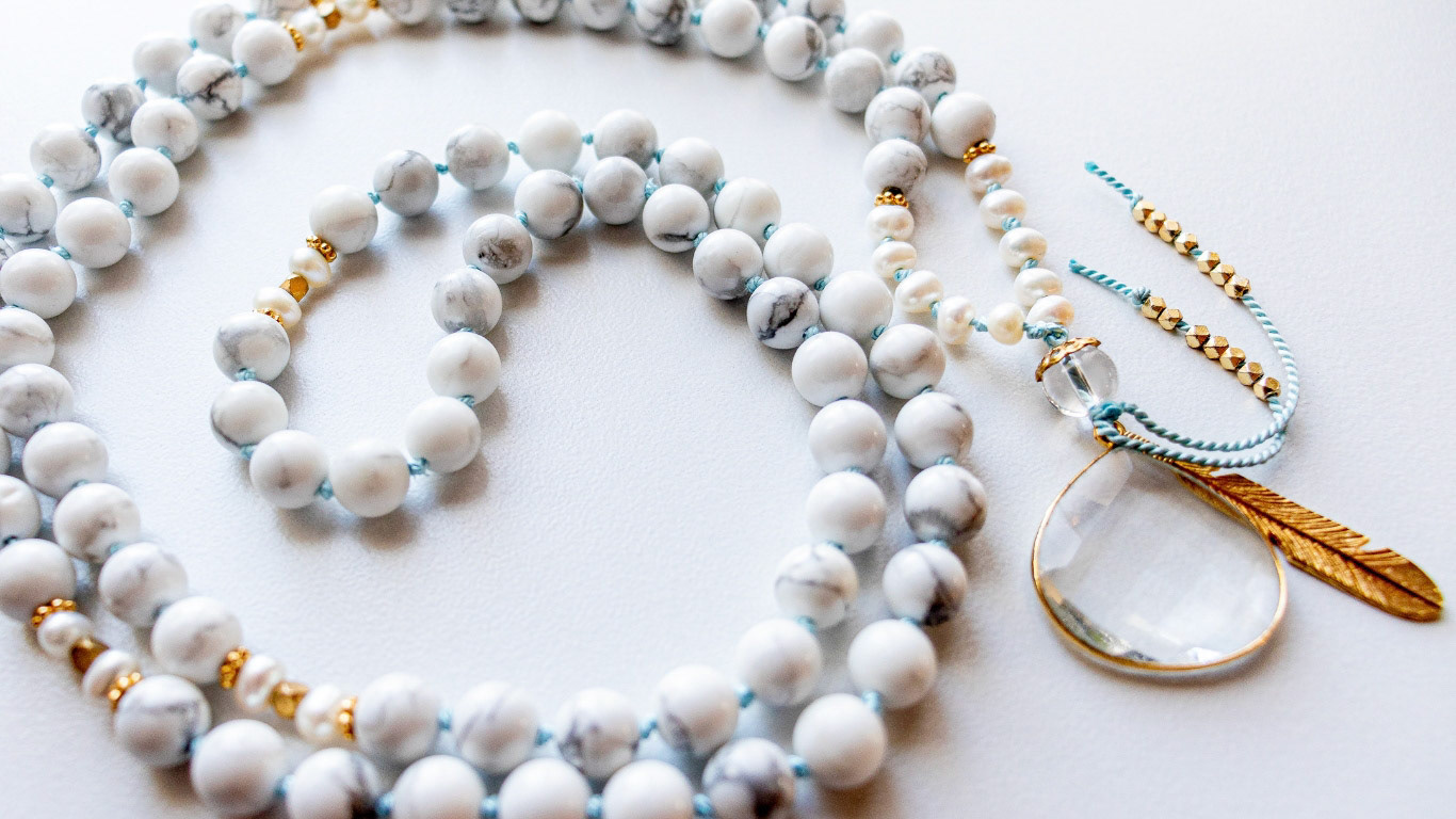 108 Bead Pearl and Howlite Teal Mala