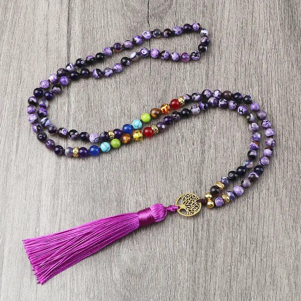 7 Chakra 108 Bead and Purple Agate Mala featuring a Tree of Life charm and soft silk tassle