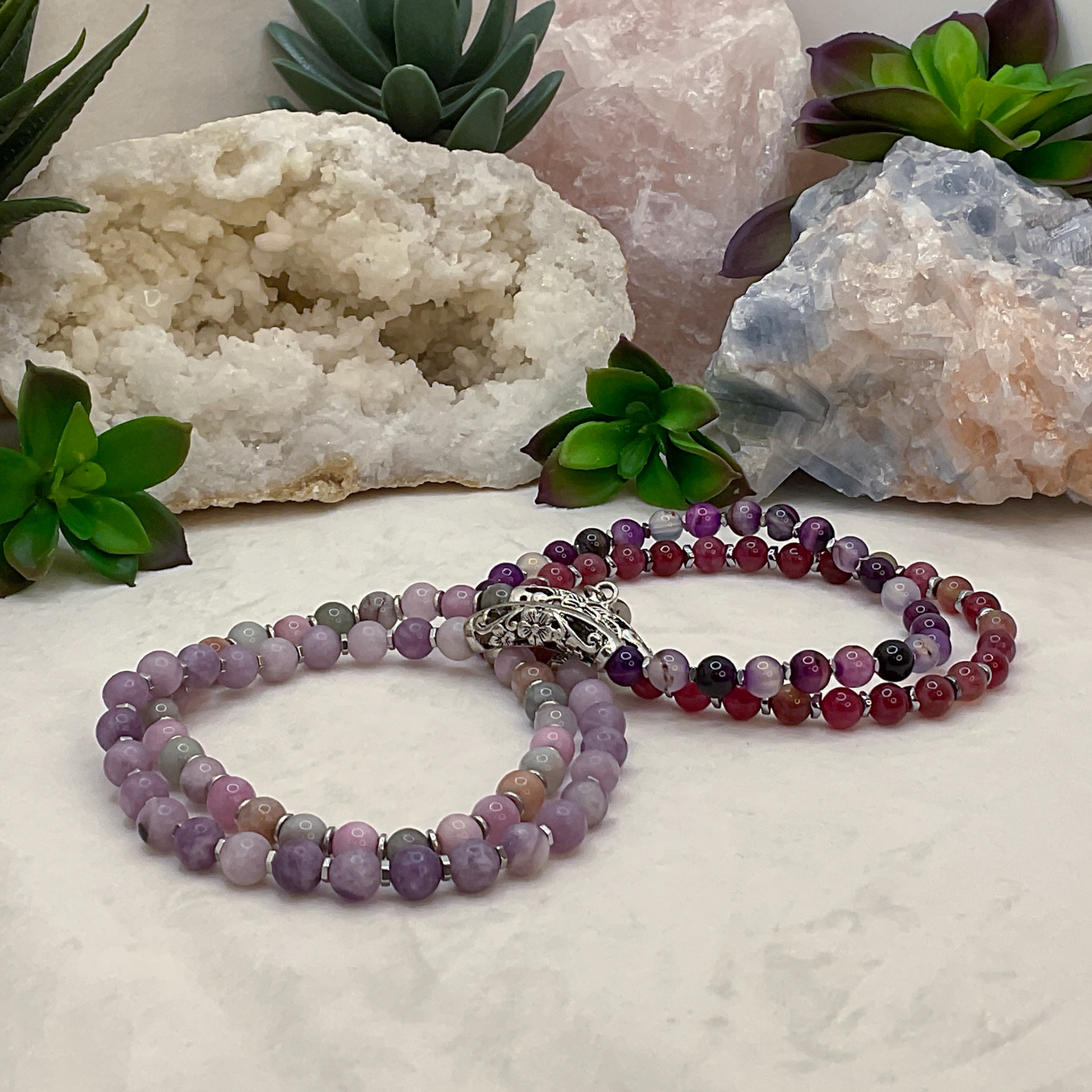 108 Bead Amethyst, Strawberry Quartz, Alexa Morgan Jade,  Violet Jade