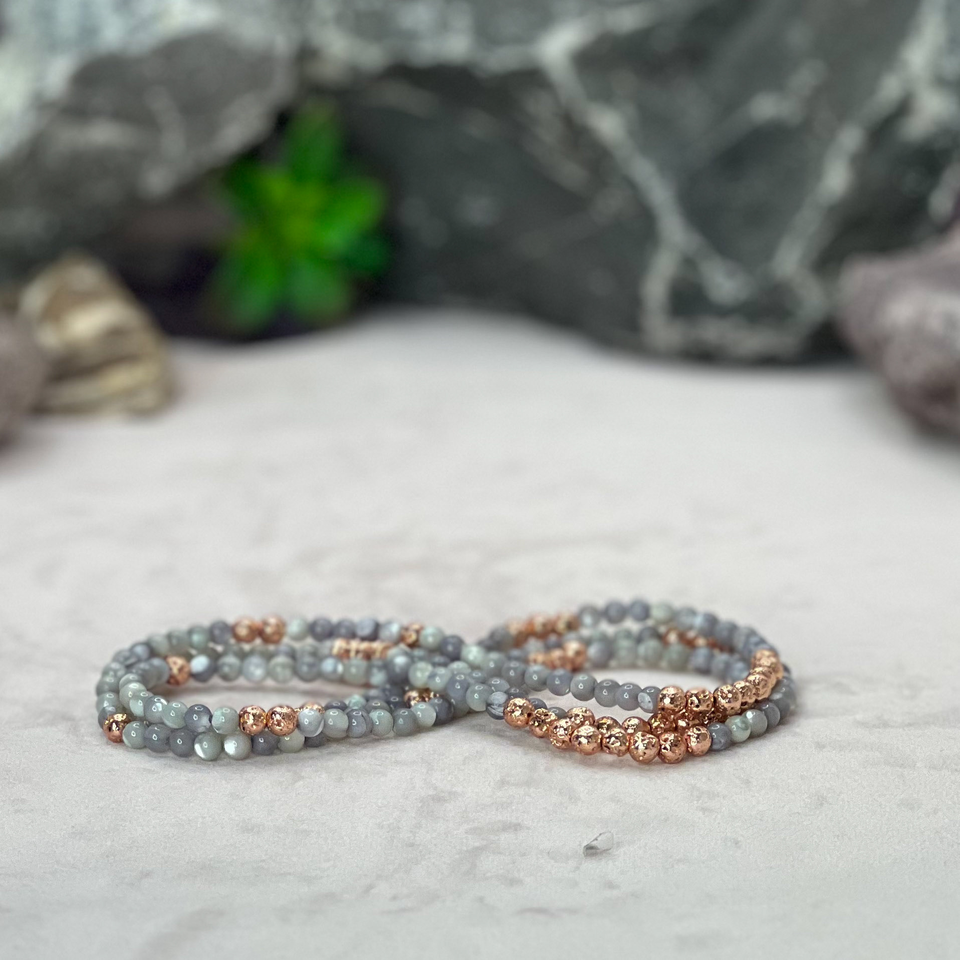 Grey Mother of Pearl, Rose Gold Plated Lava Rock