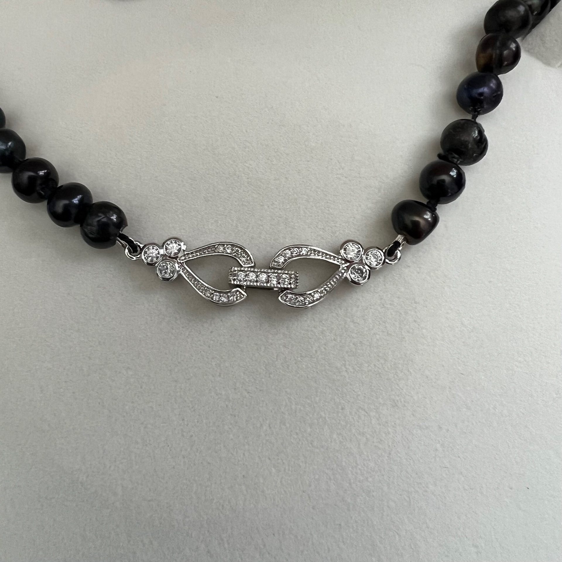 Black Freshwater Pearl Knotted Necklace With Distinctive CZ Closure