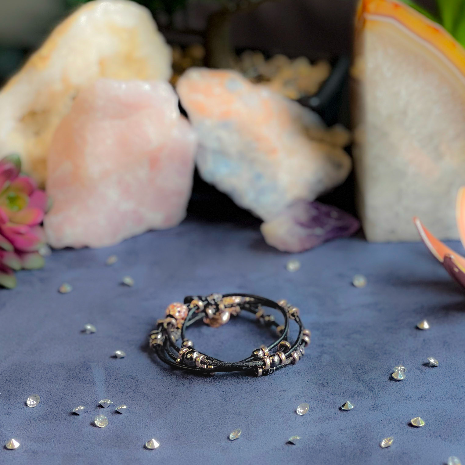 Double wrap Black Leather Wrap Bracelet with Rose Gold and Silver accents