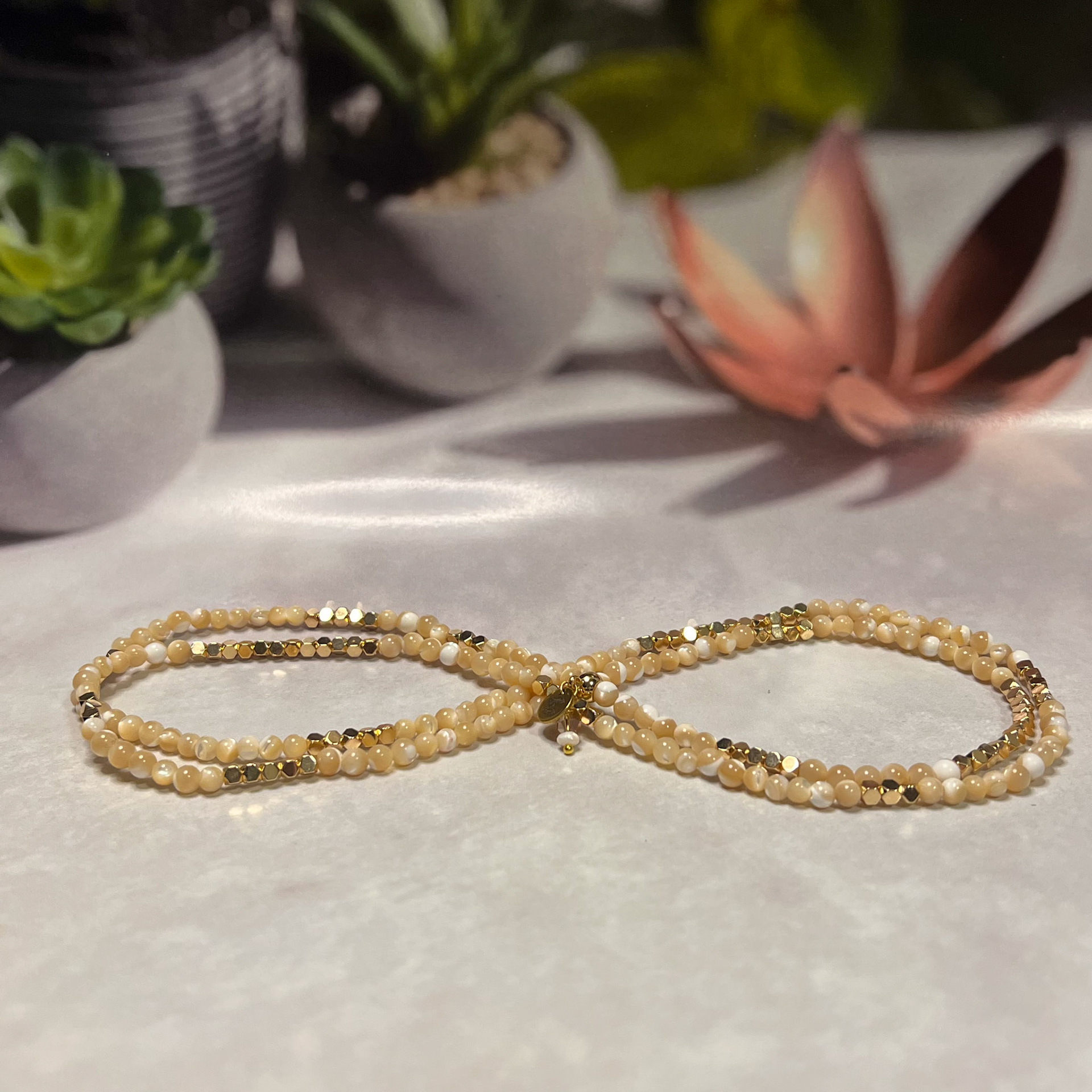 Natural Amber Mother of Pearl &amp; Gold Hematite Grace Fusion - Amber Grace [Necklace/Bracelet Wrap Duo]