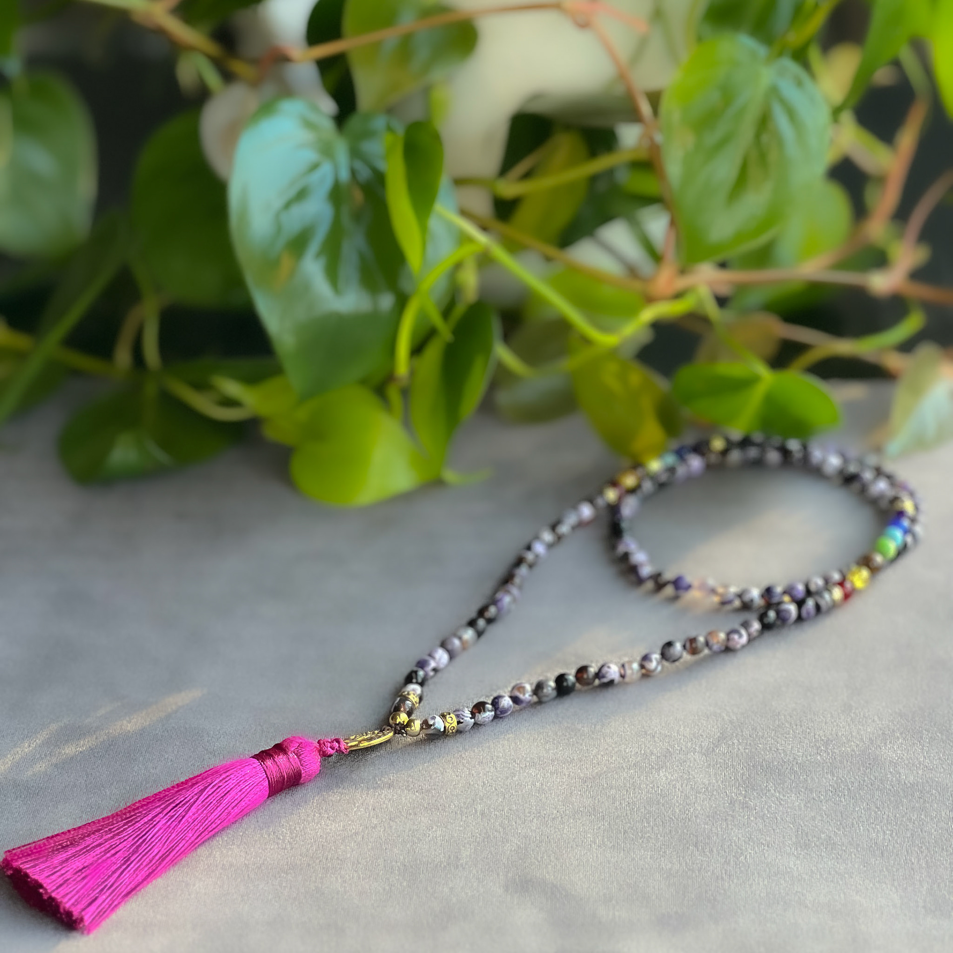 7 Chakra 108 Bead and Purple Agate Mala featuring a Tree of Life charm and soft silk tassle