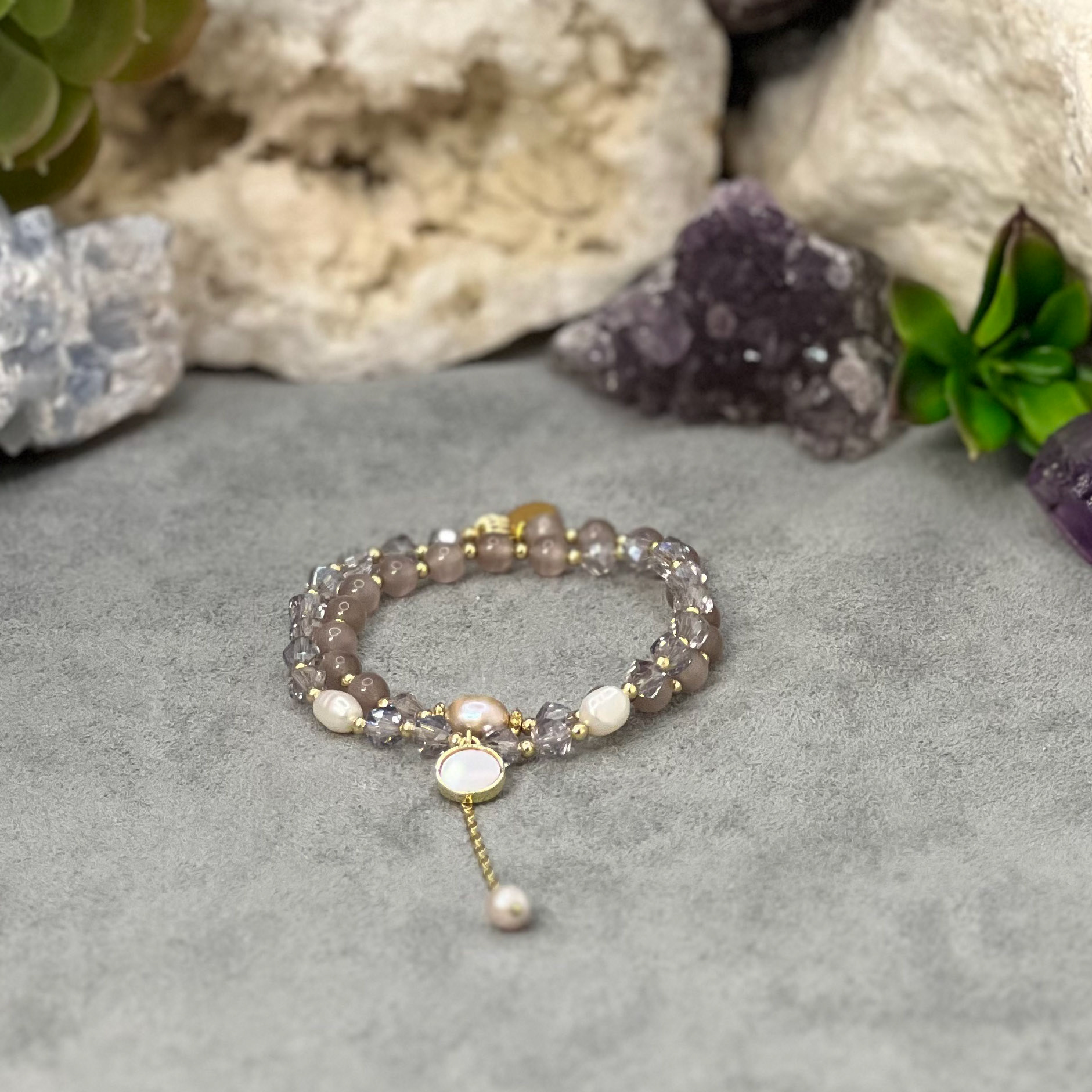Opal, Bicone Amethyst Crystal and Freshwater Pearls