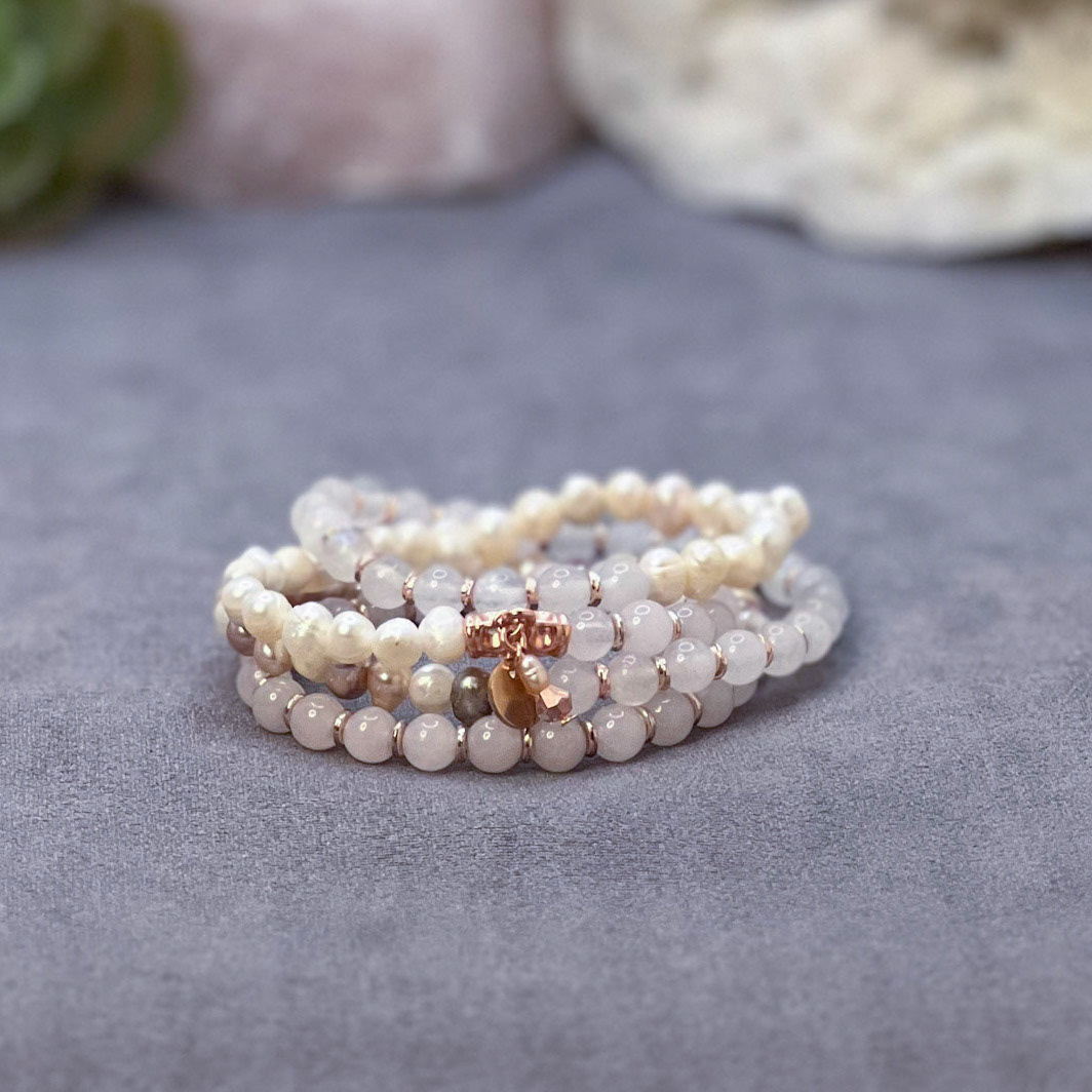 Rose Quartz, Moonstone, + Freshwater Pearls