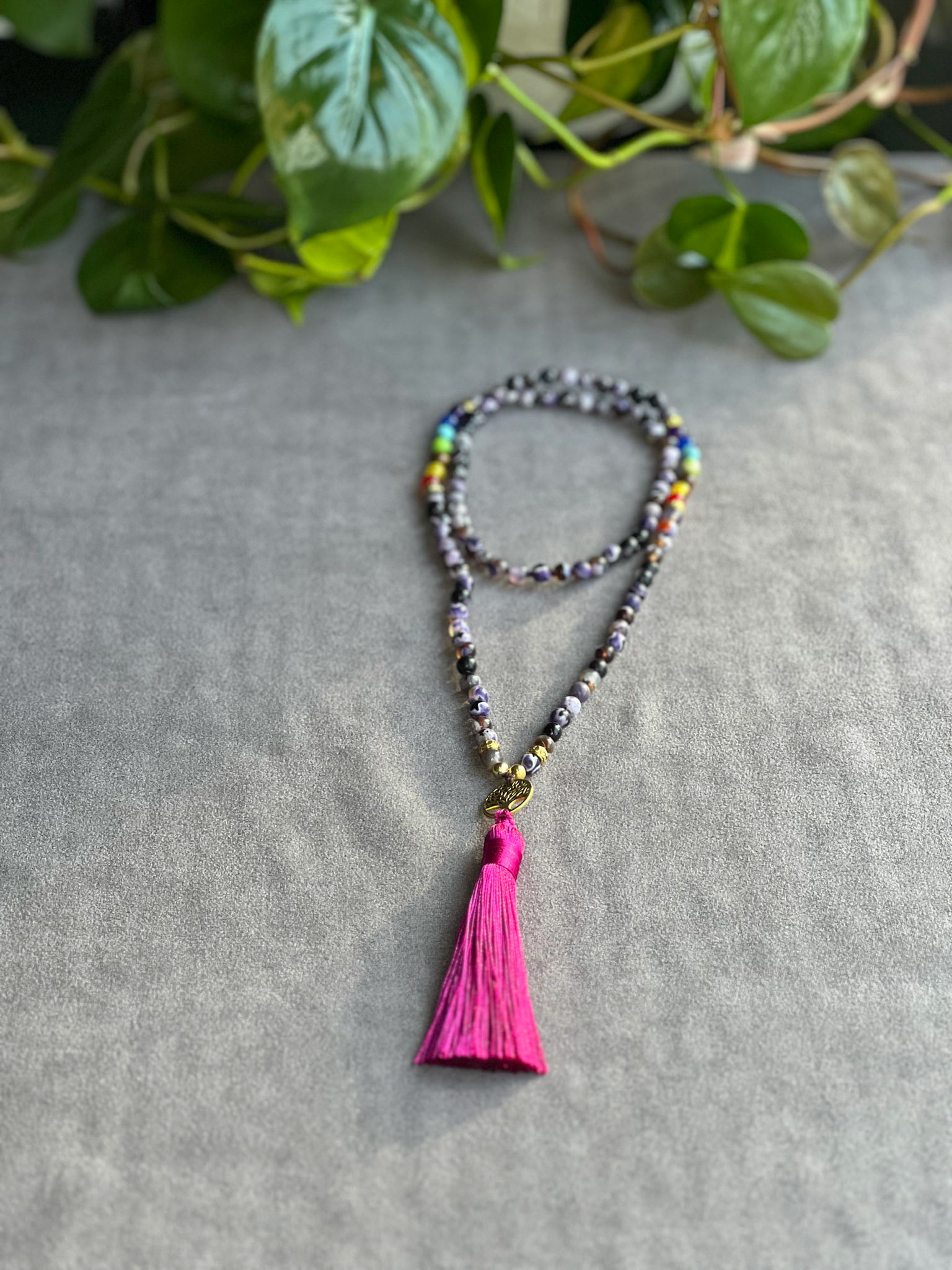 7 Chakra 108 Bead and Purple Agate Mala featuring a Tree of Life charm and soft silk tassle