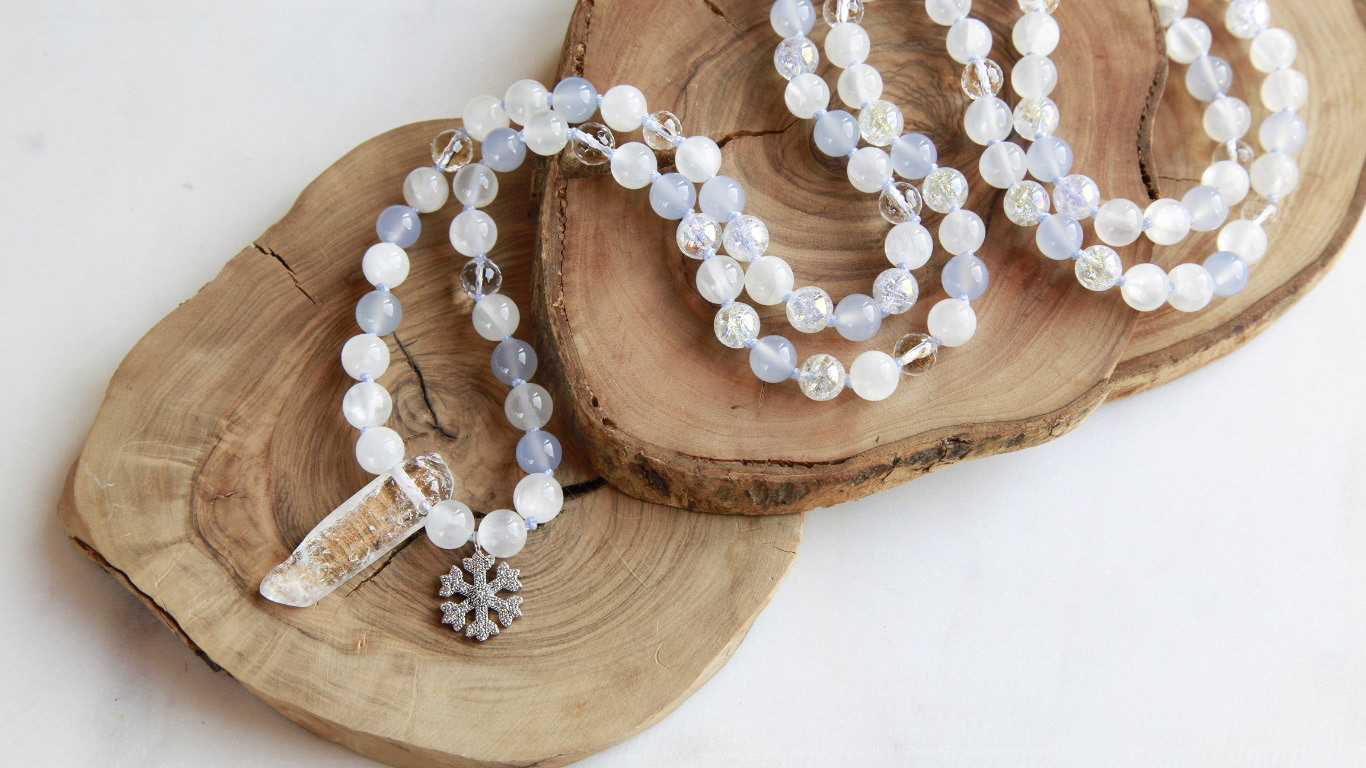 108 Bead  White Quartz, Aquamarine, and Clear Glass Mala