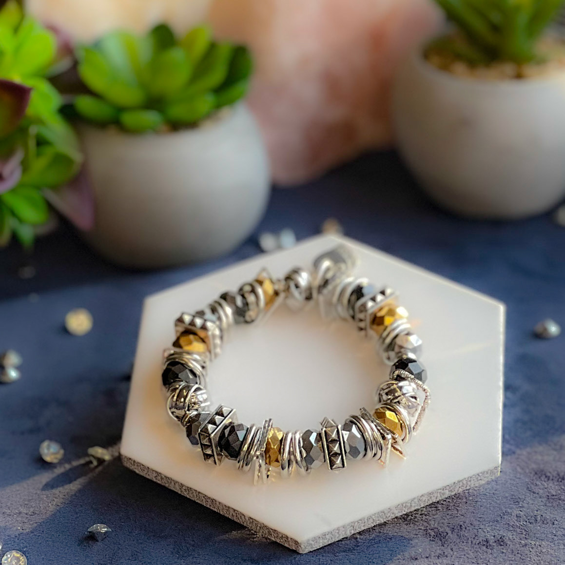 Chunky Gold and Black Czech Crystal Bracelet