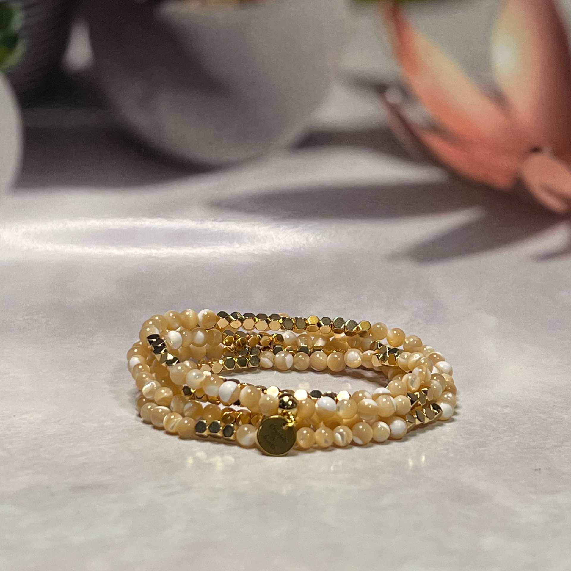 Natural Amber Mother of Pearl &amp; Gold Hematite Grace Fusion - Amber Grace [Necklace/Bracelet Wrap Duo]