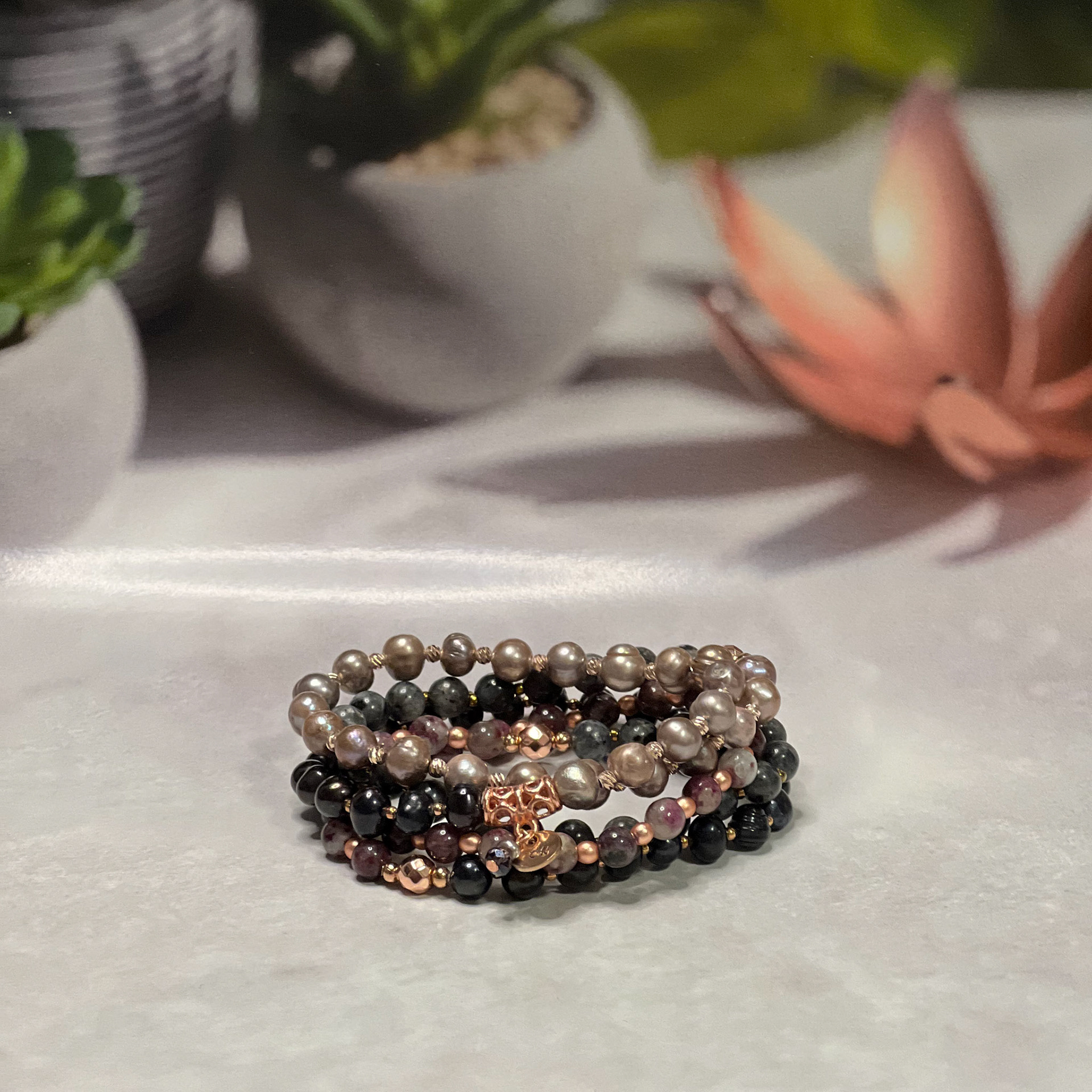 Plum flower Tourmaline, Black Labradorite &amp; Pearl 108 Bead