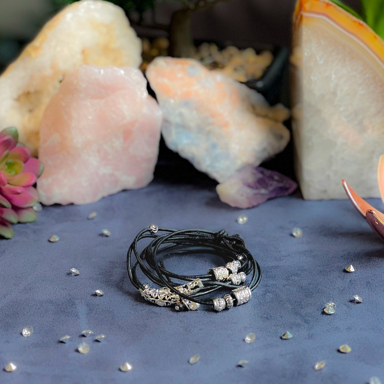 4 Times Black Leather Wrap Bracelet with Silver accents