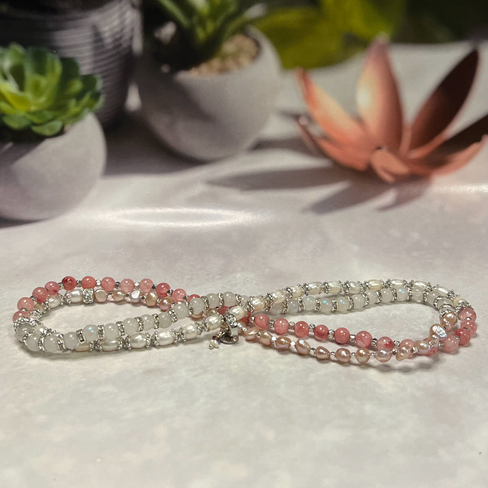 Chalcedony, moonstone &amp; Pearls - Pearl Harmony-108 Bead