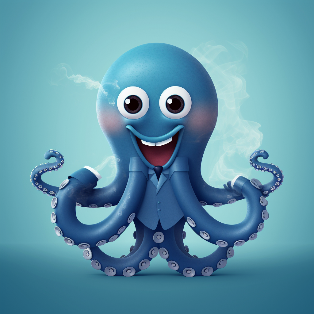 Human body structure 2D illustration of a smiling blue octopus character dressed in a smoking suite, ready to celebrate the new year, 2D, illustration, cartoon, clean, vector, minimal
