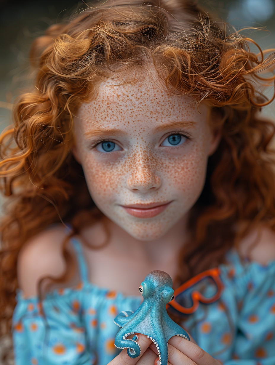 photo ofwith a little blue octopus with orange goggles on her hand