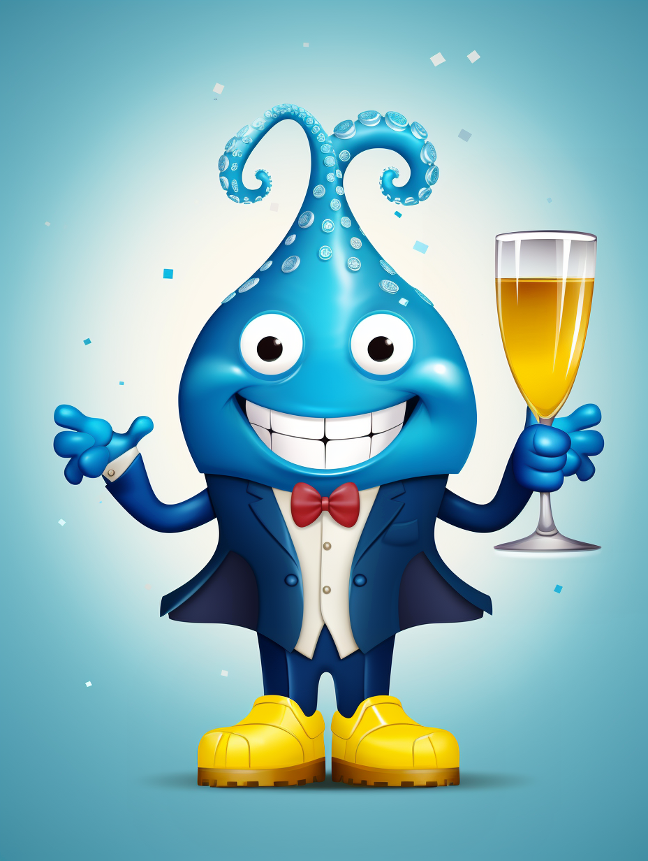 Human body structure 2D illustration of a smiling blue octopus++ character, dressed in a tailored suit, big yellow rainboots, ready to celebrate the new year, holding a glass of champagne, 2D, illustration, cartoon, clean, vector, minimal --no smoke --ar 3:4 - Variations (Region)