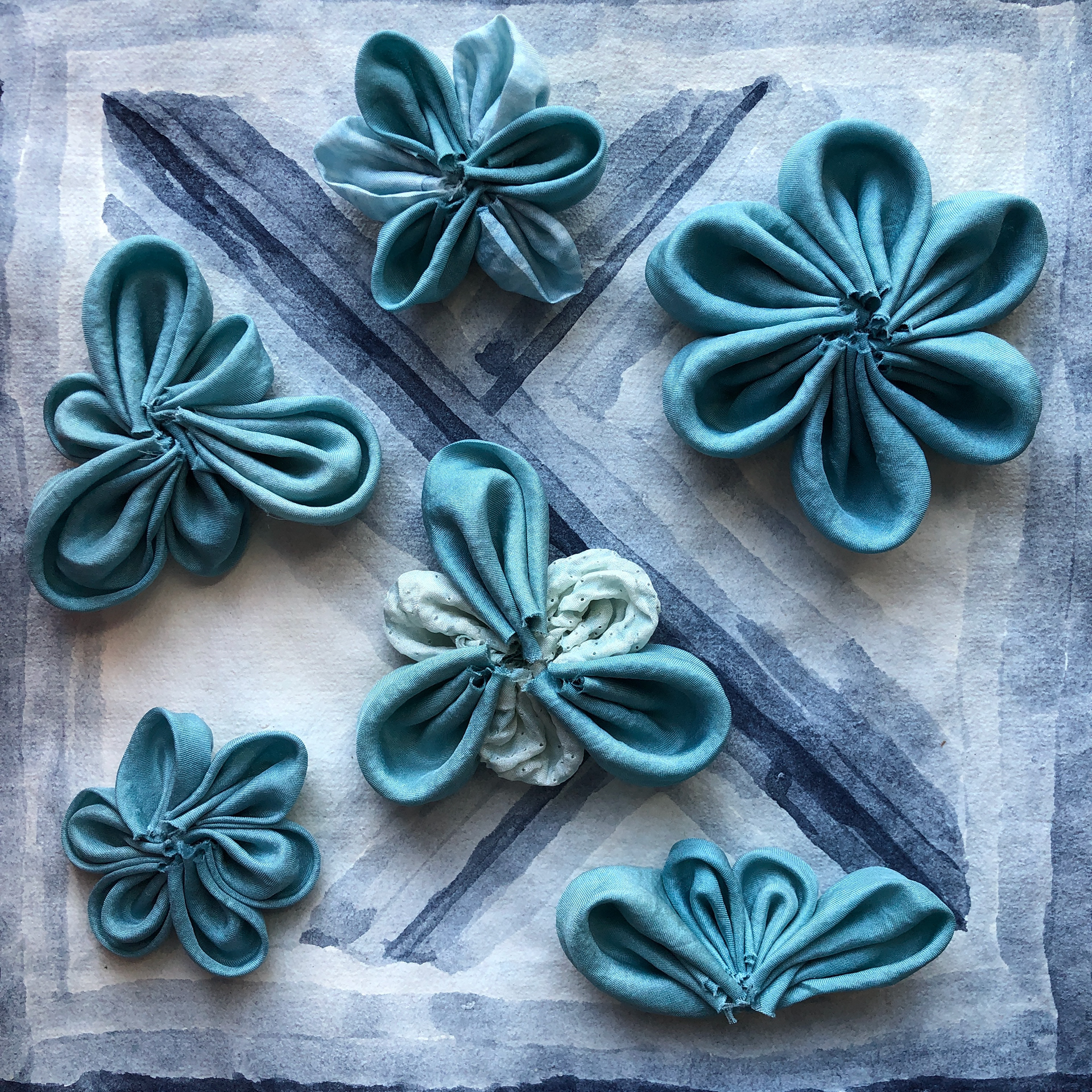 terra daq tills (2022) indigo, rag paper, silk // orchid animation with fresh homegrown indigo & indigo ink on cotton paper. Part of a sketch series processing maps, storytelling, and language.