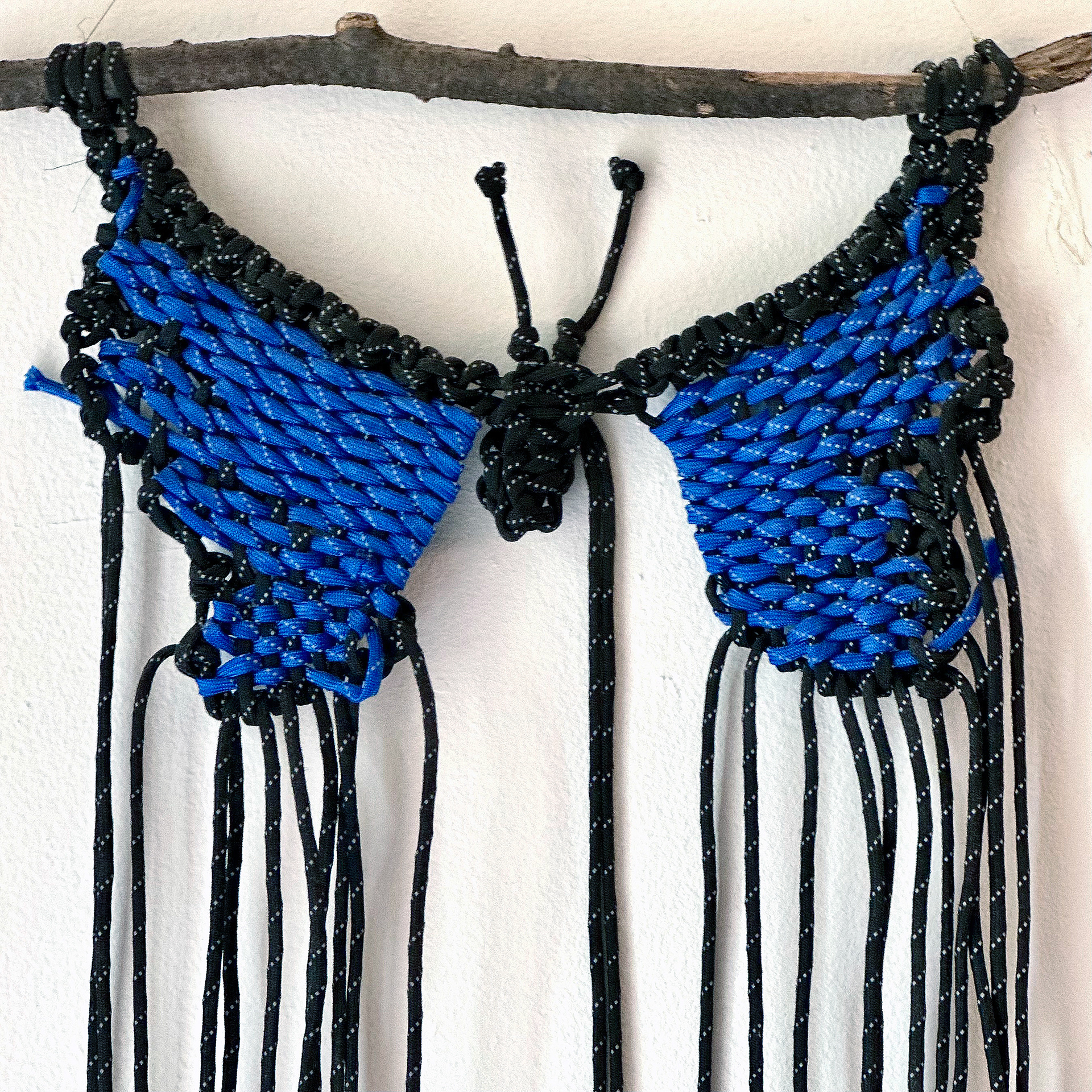 Morpho (2021) parachute cord, wood Detail. // macrame butterfly inspired by specimens from the Amazon rainforest