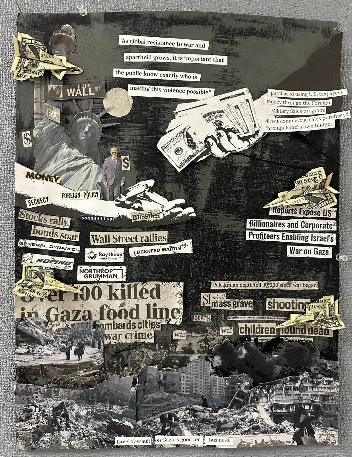 Printed materials and acrylic on poster board, 18" x 24"