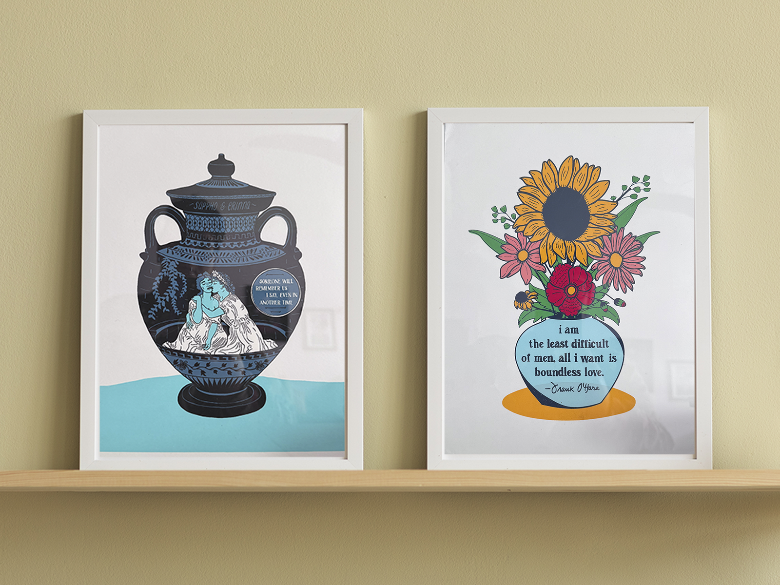 9" x 12" poem prints: 3-color Sappho print and 7-color Frank O'Hara print from original illustrations
