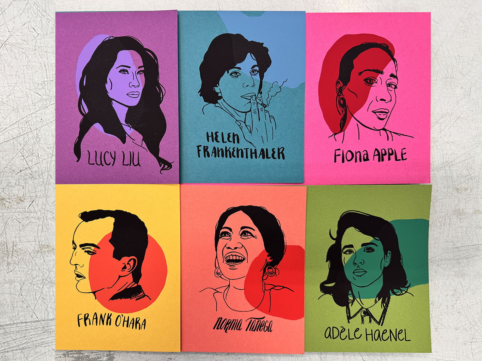 4.25" x 5.5" creative heroes: set of 2-color screenprints from original illustrations on colored paper