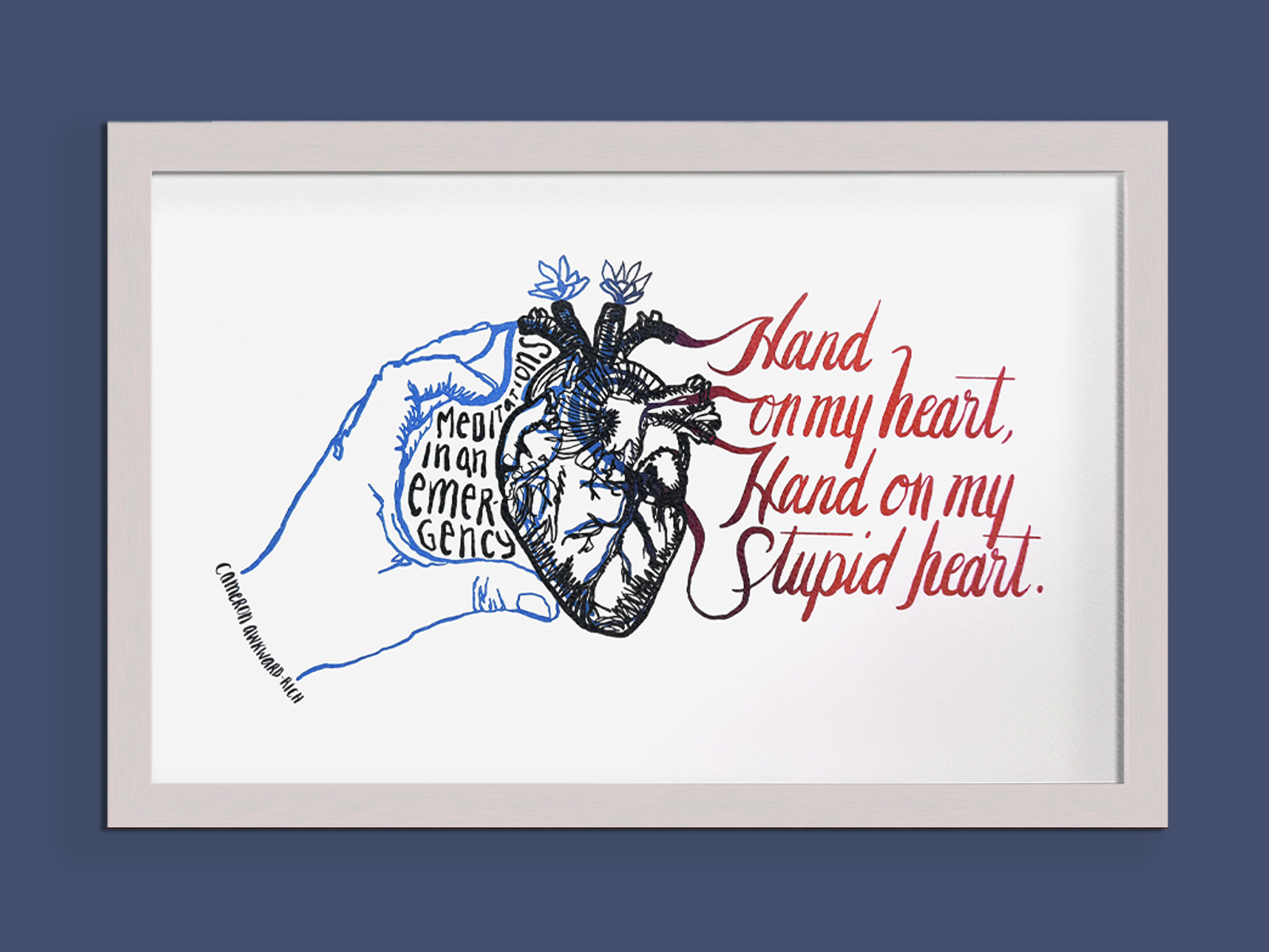 19" x 12" poem print: 2-color print with split fountain based on the Cameron Awkward-Rich poem "Meditations in an Emergency" hand-illustrated and lettered