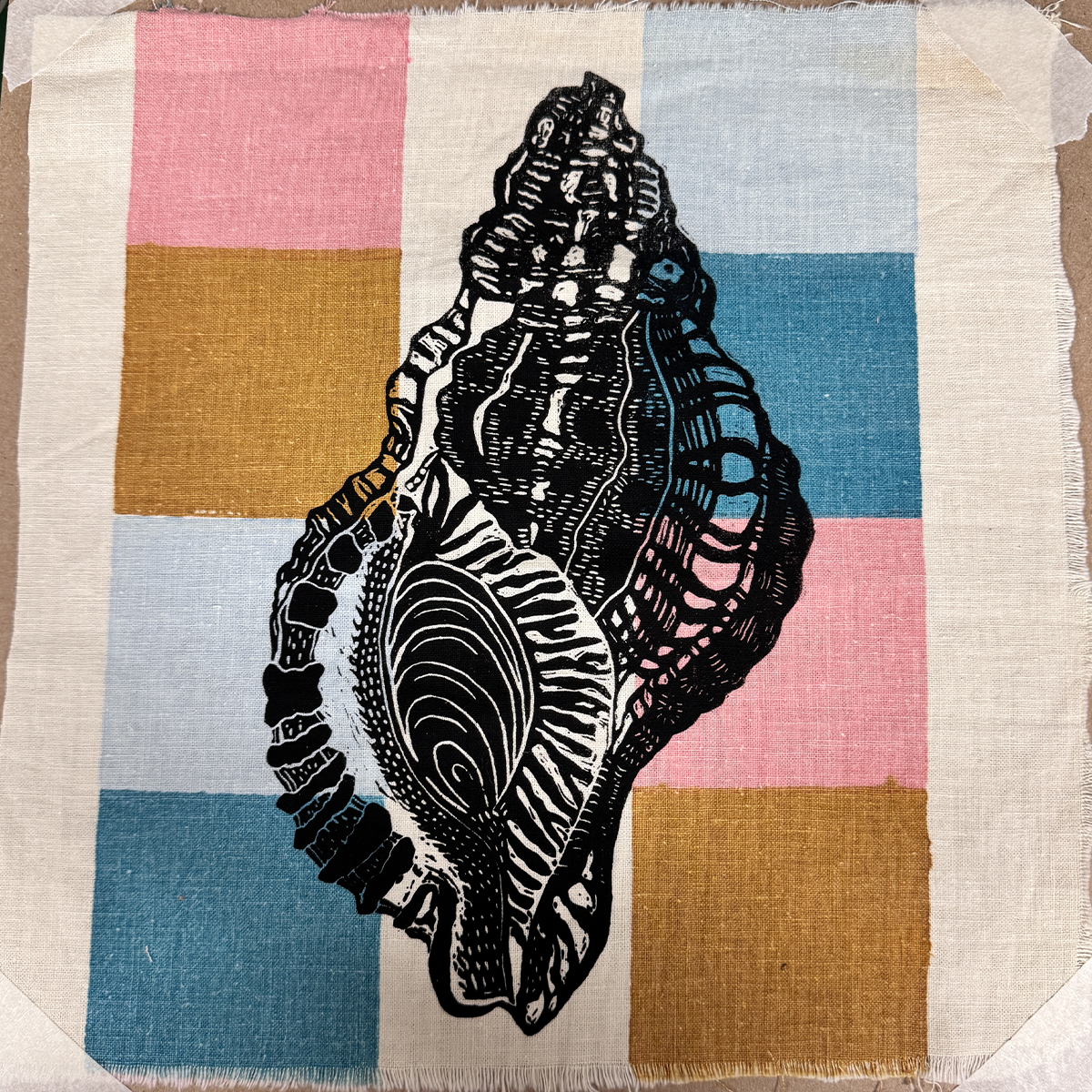 9" x 12" shell screenprint on fabric from linocut of original illustrator