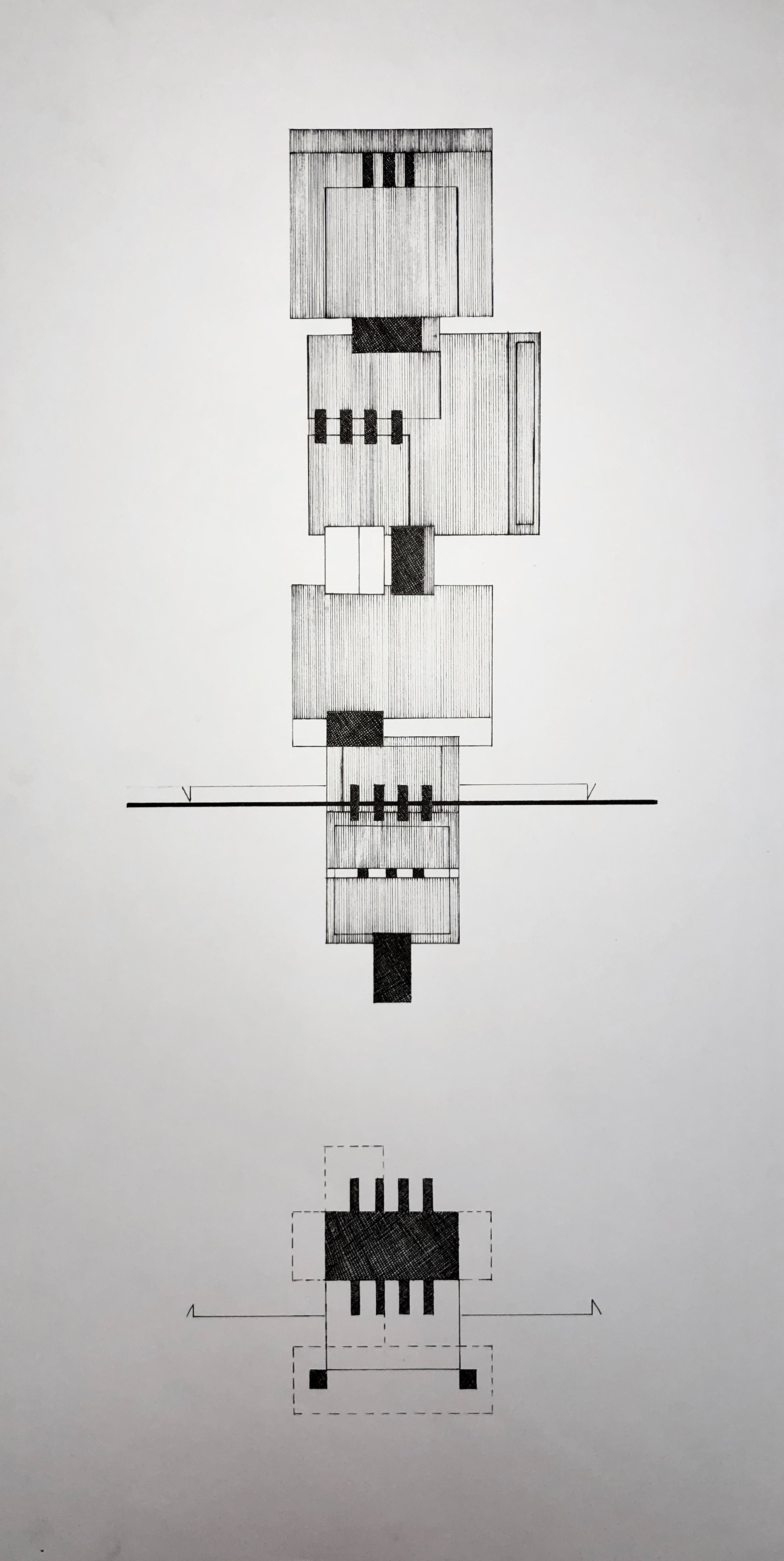 Section rendering in pen of a wood tower exploring proportions.